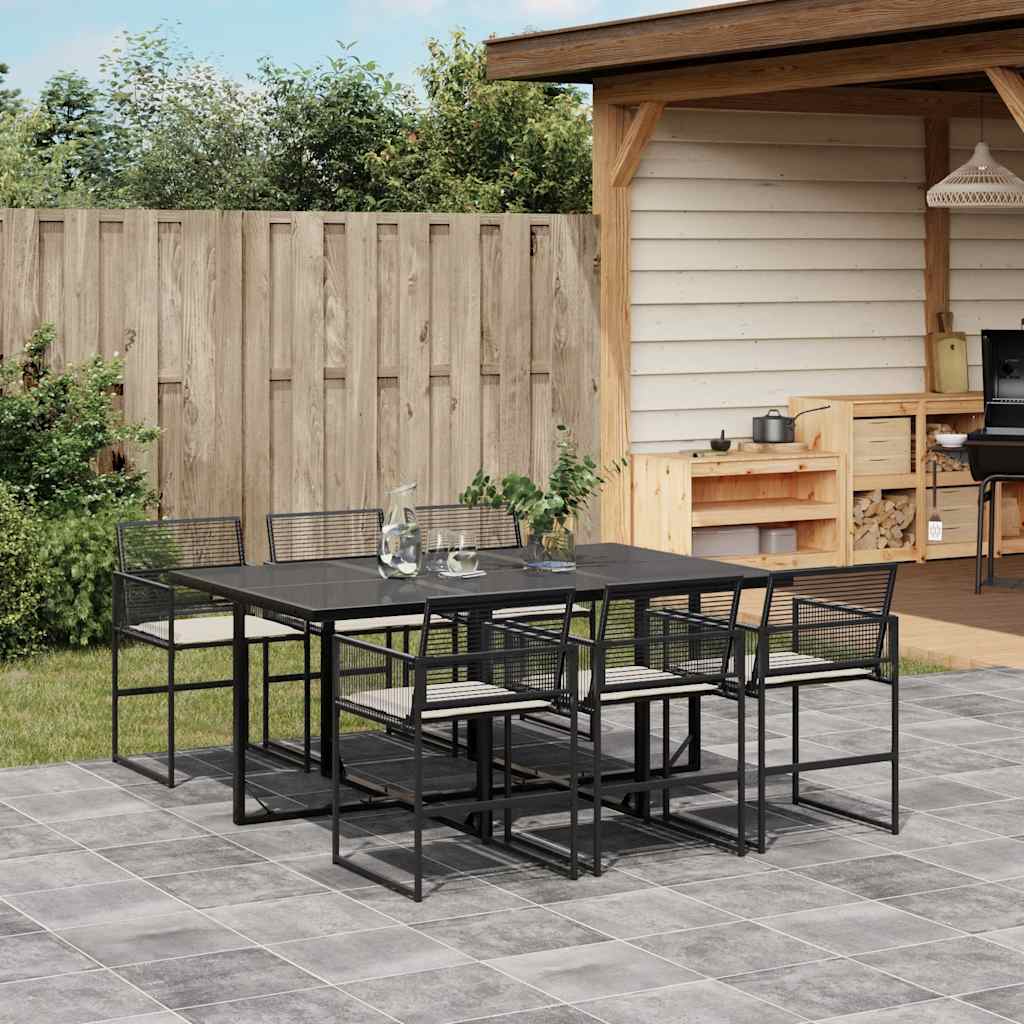 7 Pcs conjunto de jantar p/ jardim c/ almofadões vime PE preto