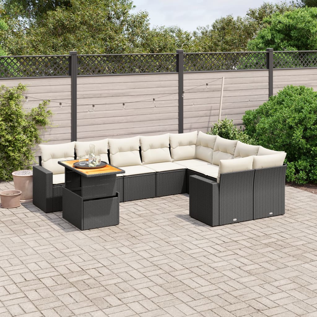 10 Pcs conjunto sofás de jardim c/ almofadões vime PE preto