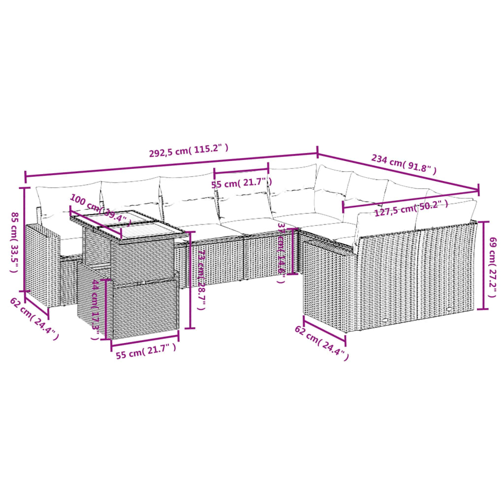 10 Pcs conjunto sofás de jardim c/ almofadões vime PE preto