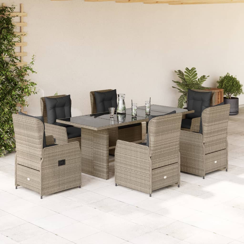 7 Pcs conj. jantar p/ jardim c/ almofadões vime PE cinza-claro