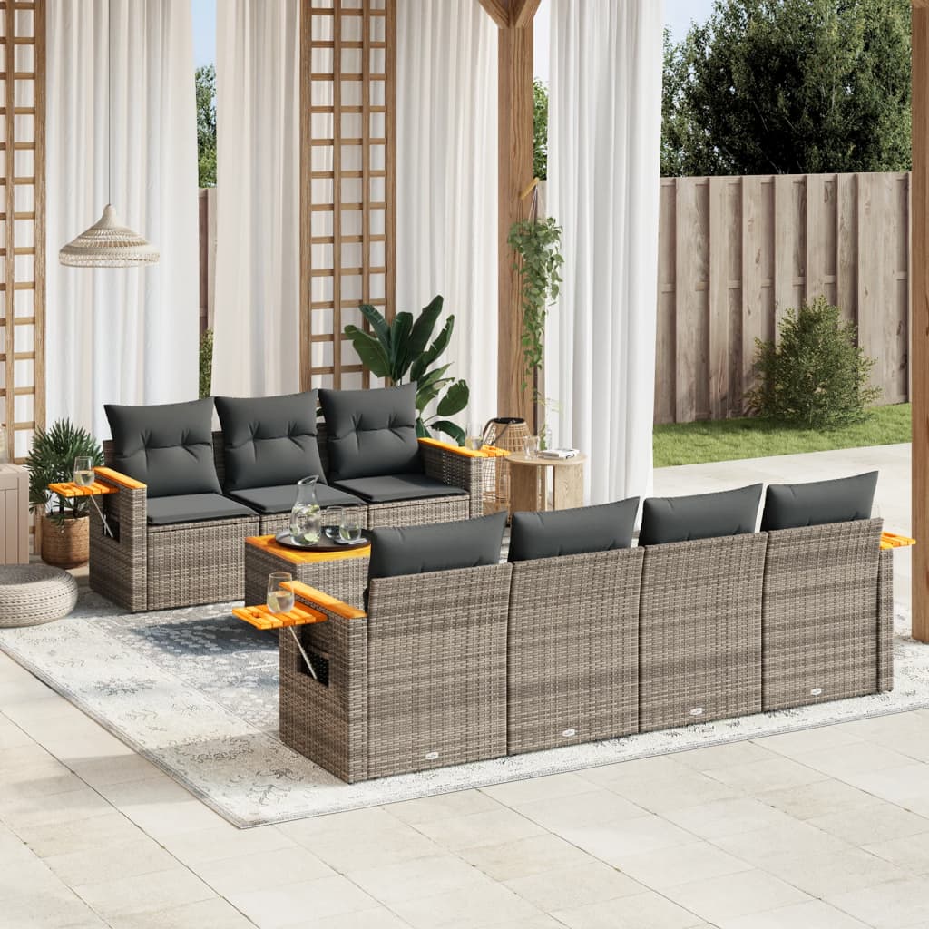 8 Pcs conjunto sofás de jardim c/ almofadões vime PE cinzento