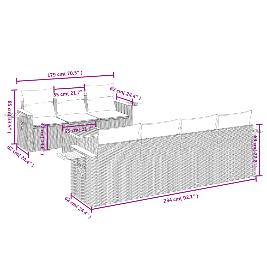 8 Pcs conjunto sofás de jardim c/ almofadões vime PE cinzento