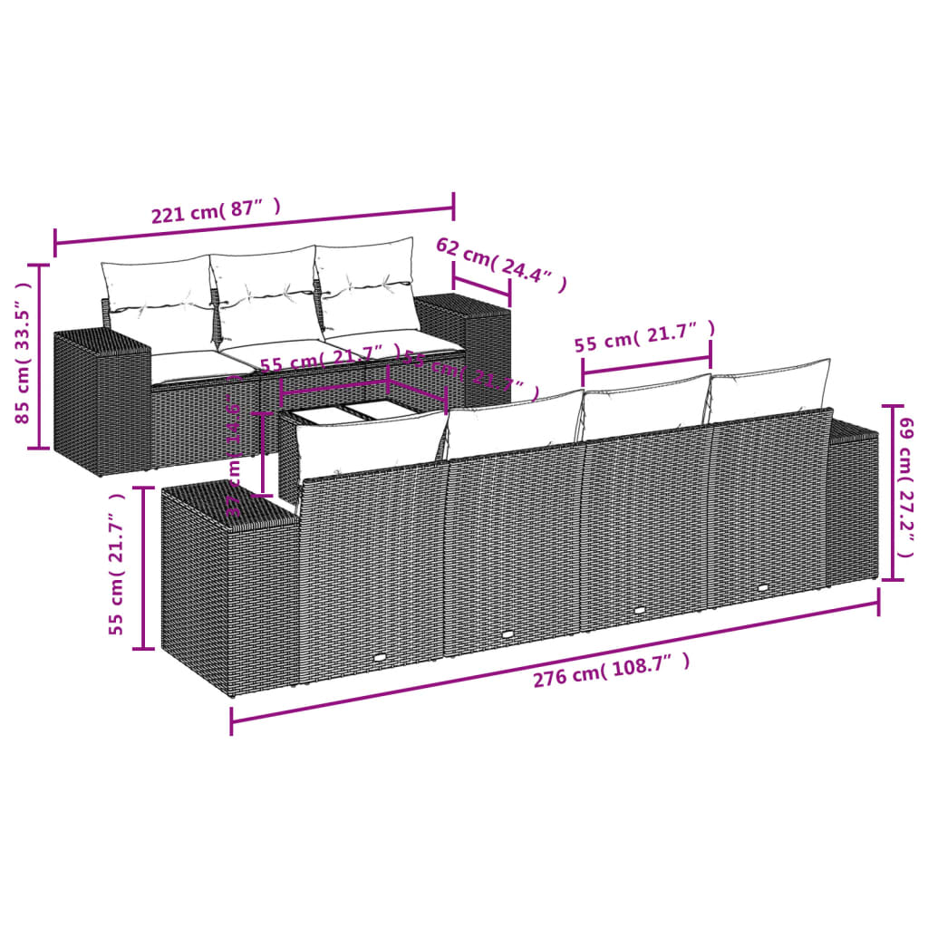 8 Pcs conjunto sofás de jardim com almofadões vime PE preto