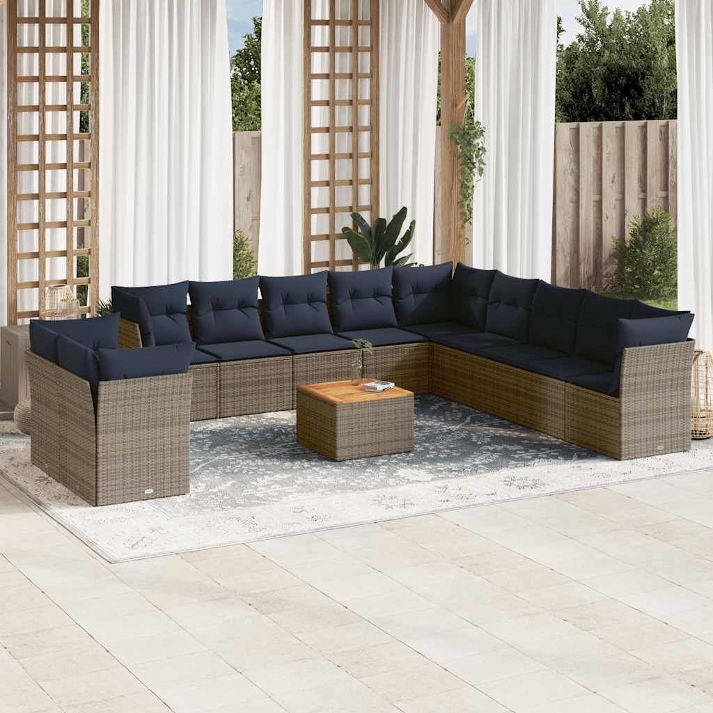 12 Pcs conjunto sofás p/ jardim c/ almofadões vime PE cinzento