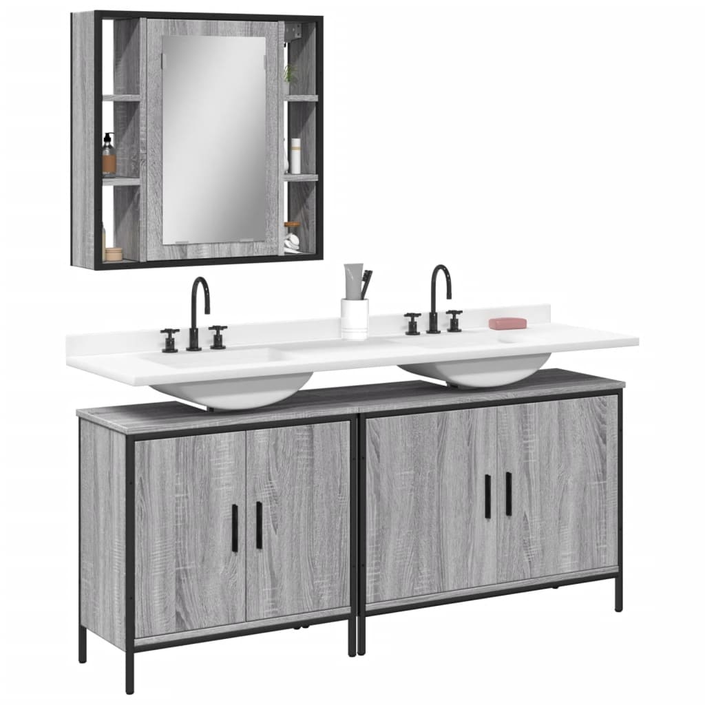 3 Pcs conjunto móveis wc derivados de madeira cinzento sonoma