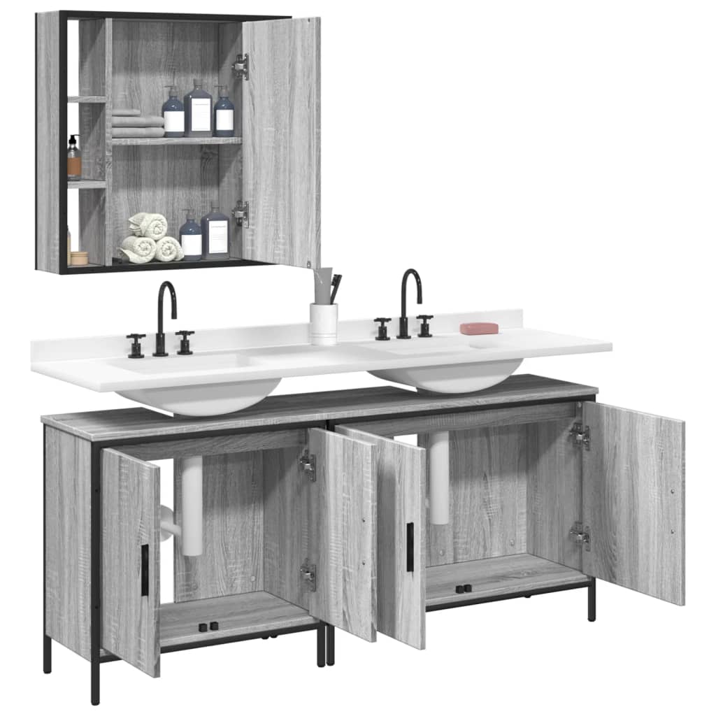 3 Pcs conjunto móveis wc derivados de madeira cinzento sonoma