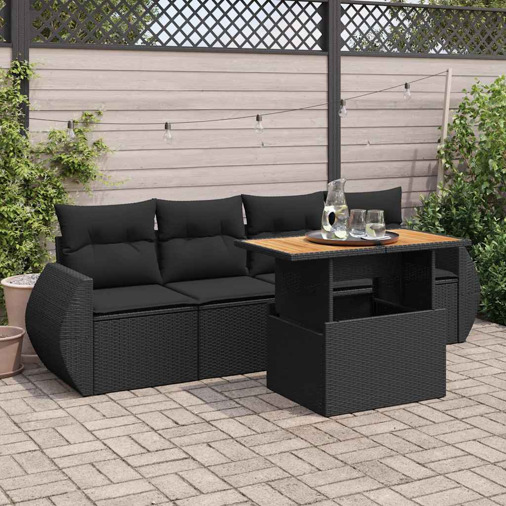 5 Pcs conjunto sofás de jardim com almofadões vime PE preto