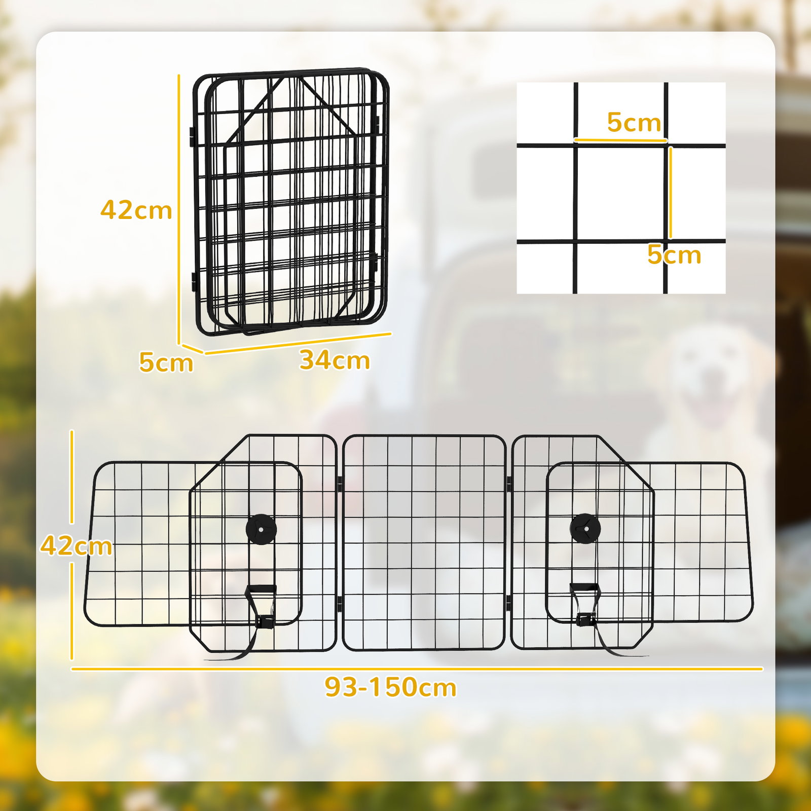Grade de segurança de carro para cães com largura ajustável grade para cães de carro dobrável 93-150x42 cm preto