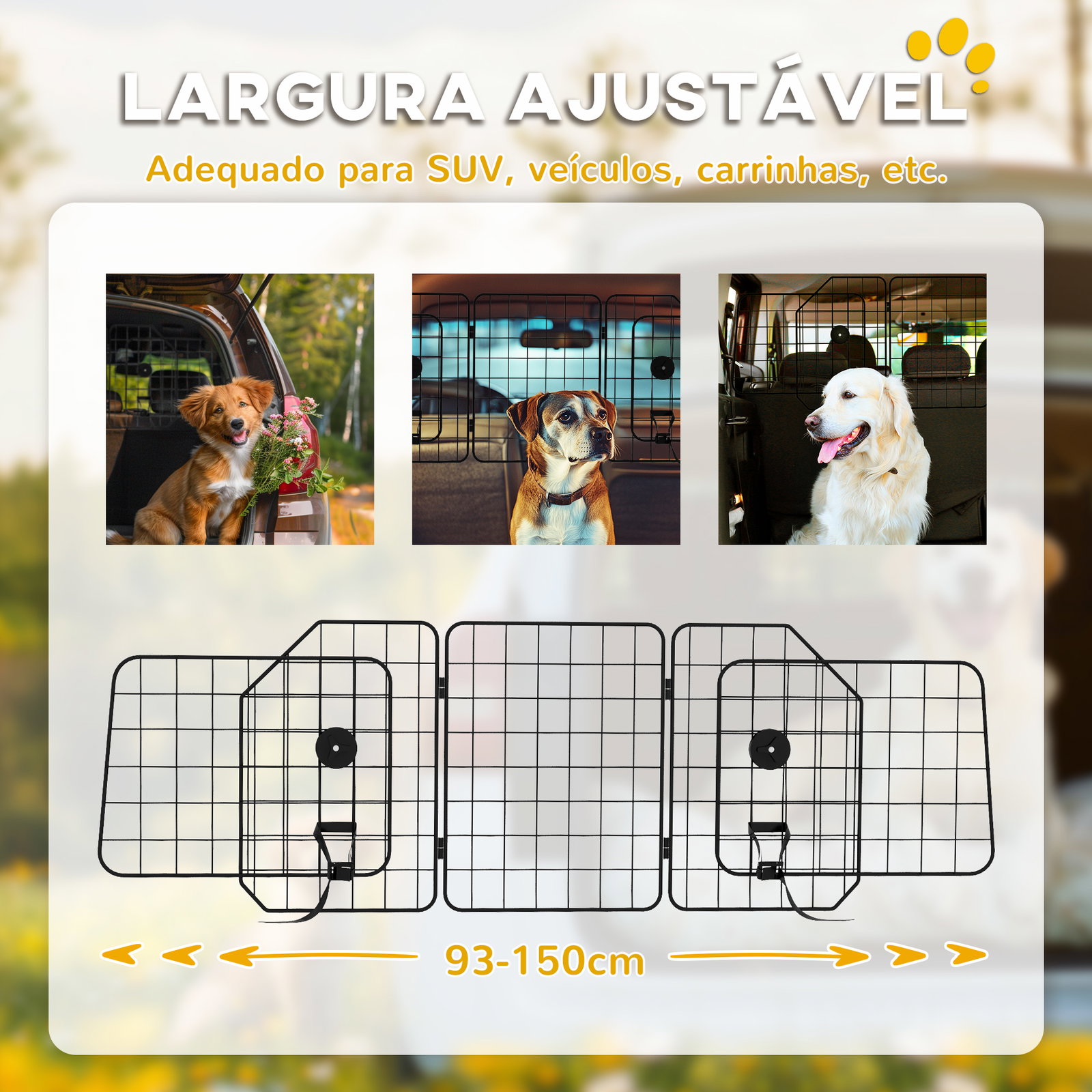 Grade de segurança de carro para cães com largura ajustável grade para cães de carro dobrável 93-150x42 cm preto