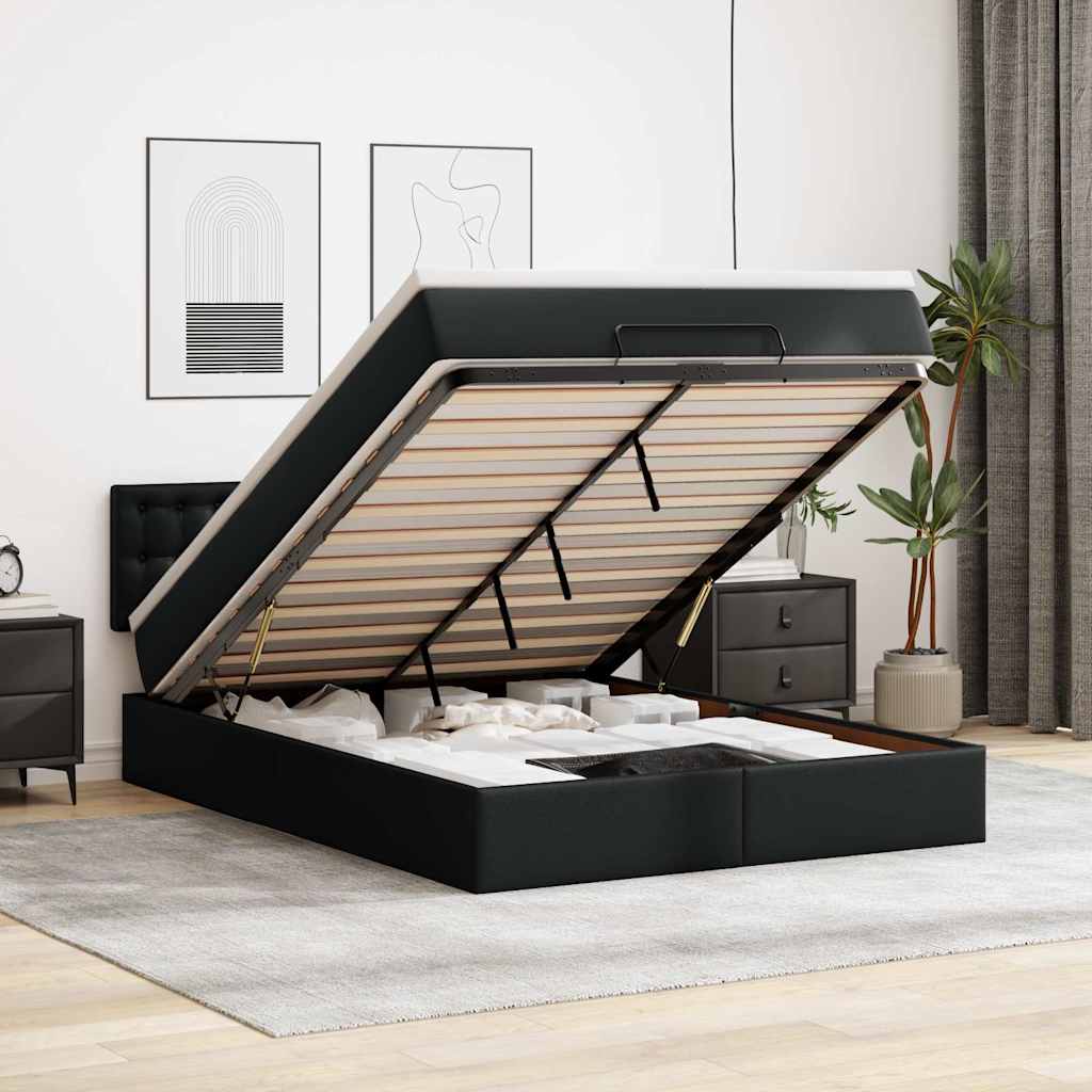 Cama otomana com colchões&leds 140x200cm couro artificial preto