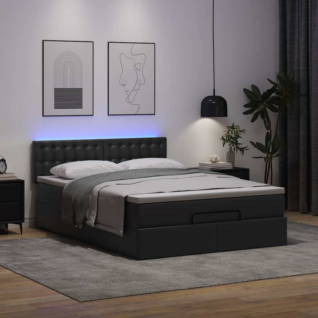 Cama otomana com colchões&leds 140x200cm couro artificial preto