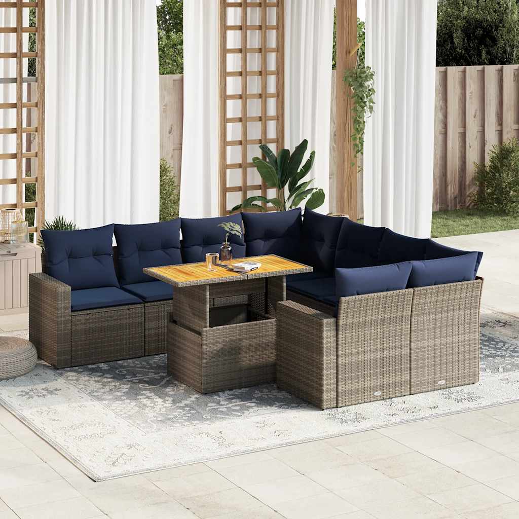 9 Pcs conjunto sofás p/ jardim com almofadões vime PE cinzento