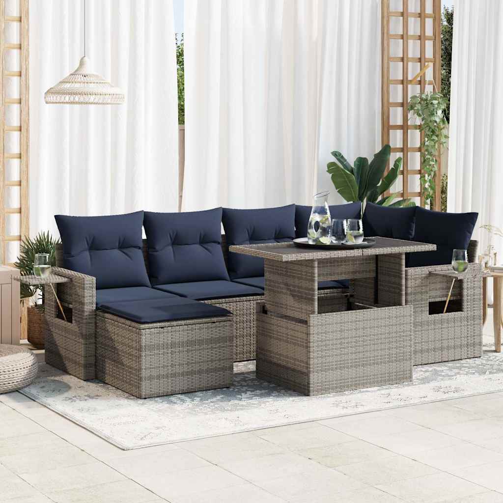 7 Pcs conjunto sofás jardim almofadões vime PE/acácia cinzento