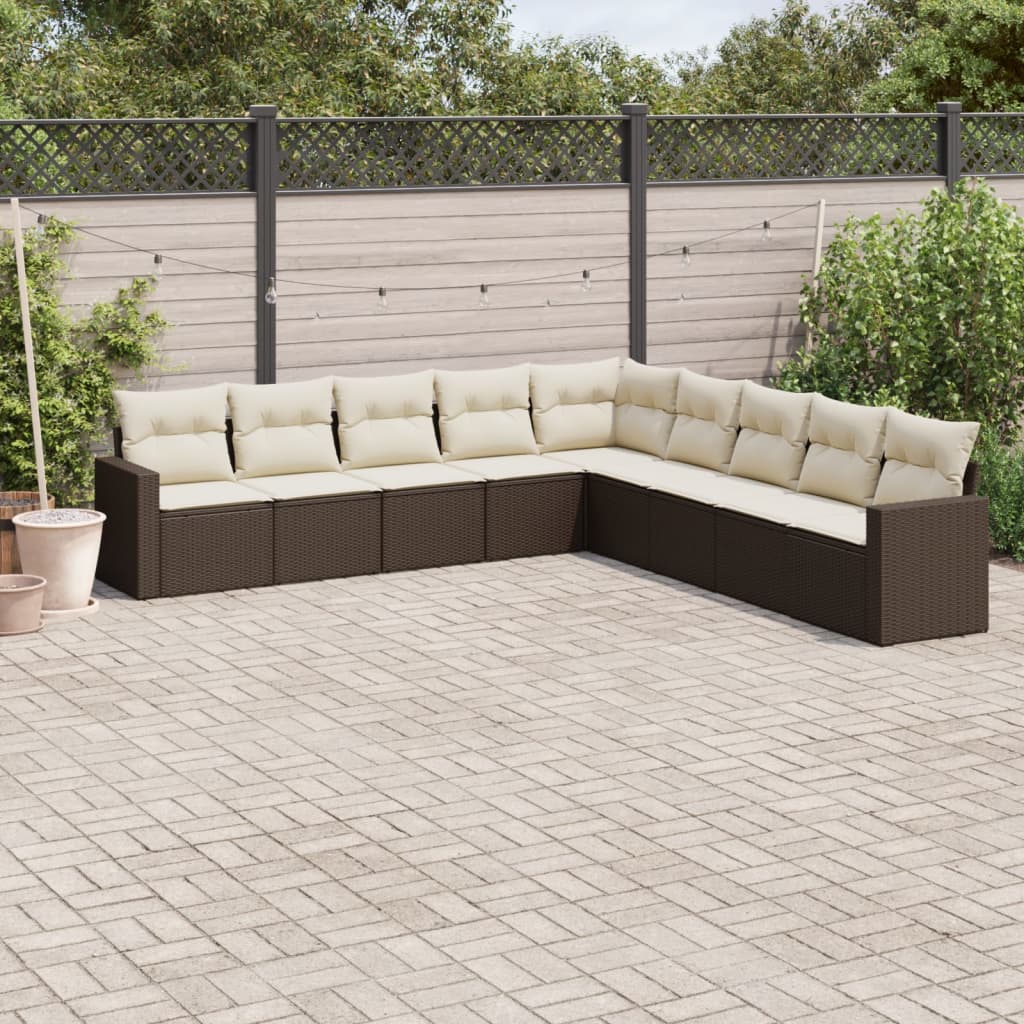9 Pcs conjunto sofás p/ jardim c/ almofadões vime PE castanho