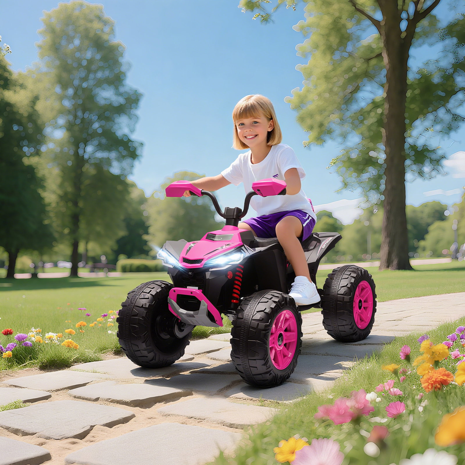Quadricilo elétrico para crianças 24v com 2 lugares 2 motores velocidade até 6,5 km/h faróis buzina música e USB 109x68,5x76 cm rosa