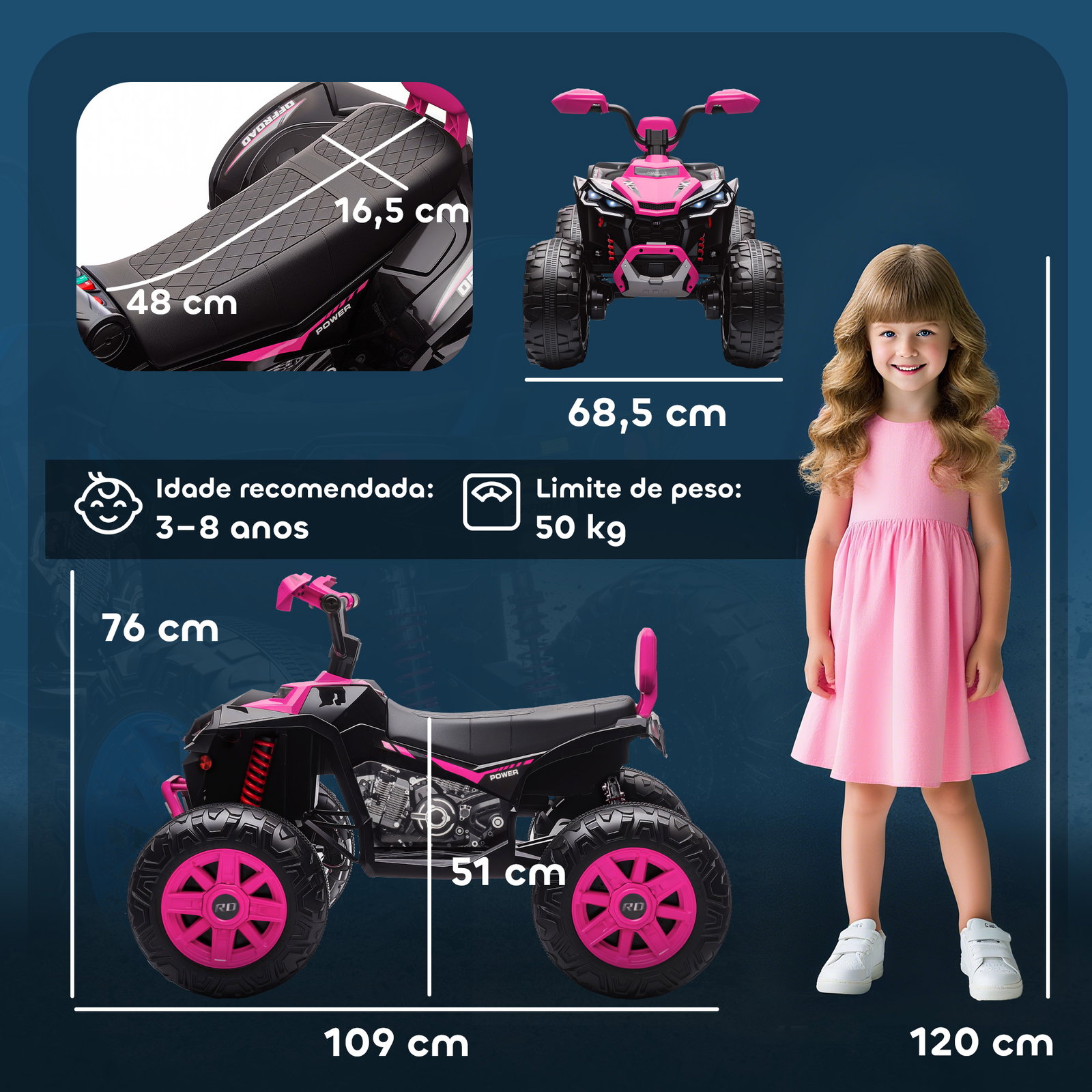 Quadricilo elétrico para crianças 24v com 2 lugares 2 motores velocidade até 6,5 km/h faróis buzina música e USB 109x68,5x76 cm rosa
