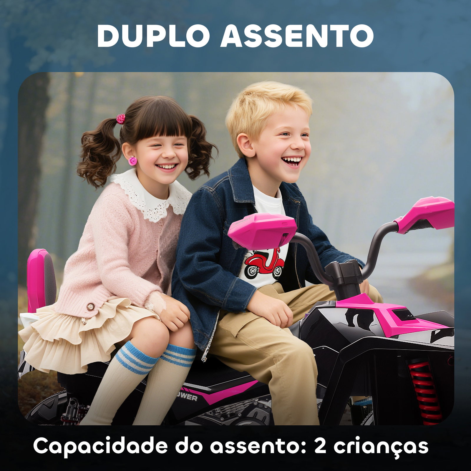 Quadricilo elétrico para crianças 24v com 2 lugares 2 motores velocidade até 6,5 km/h faróis buzina música e USB 109x68,5x76 cm rosa