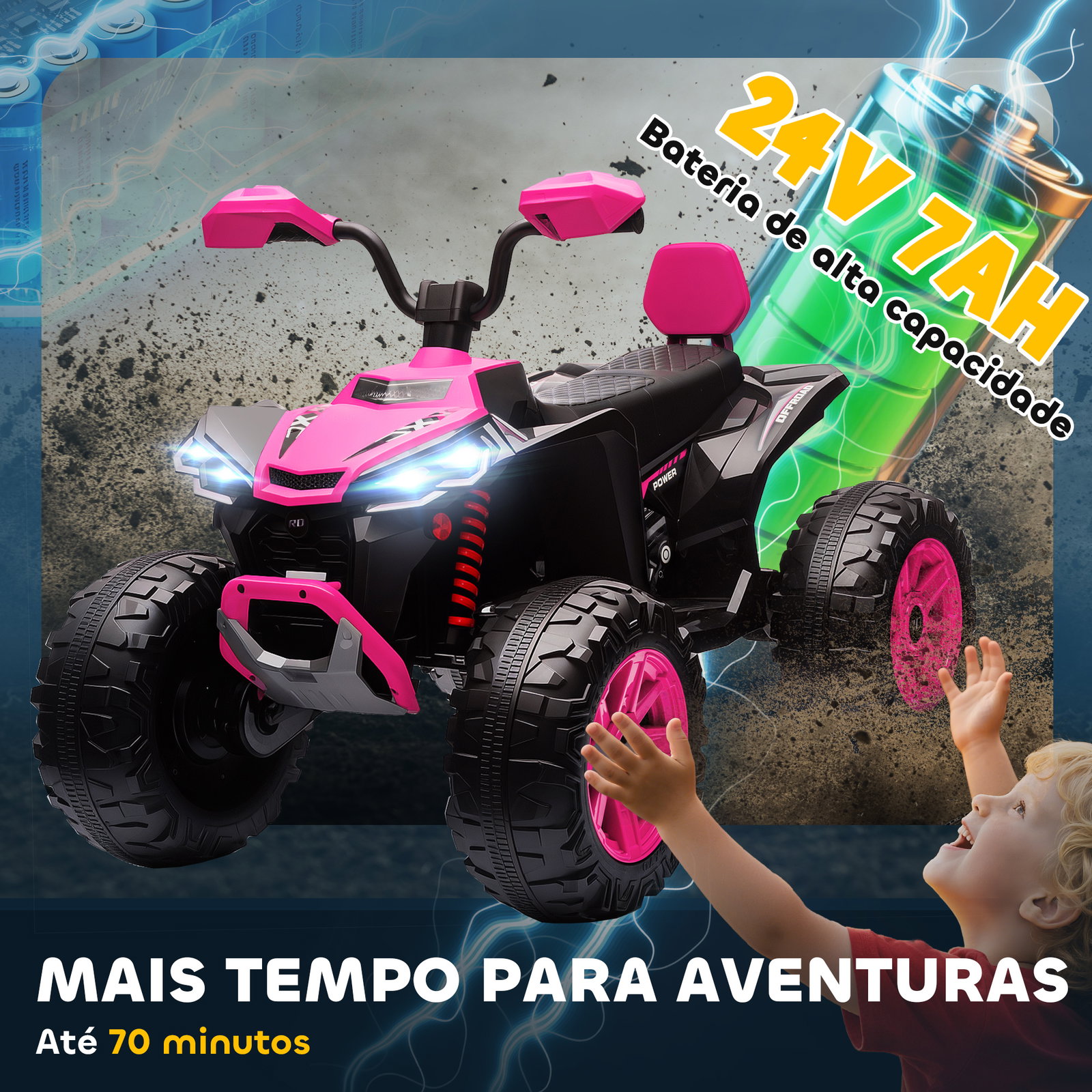Quadricilo elétrico para crianças 24v com 2 lugares 2 motores velocidade até 6,5 km/h faróis buzina música e USB 109x68,5x76 cm rosa