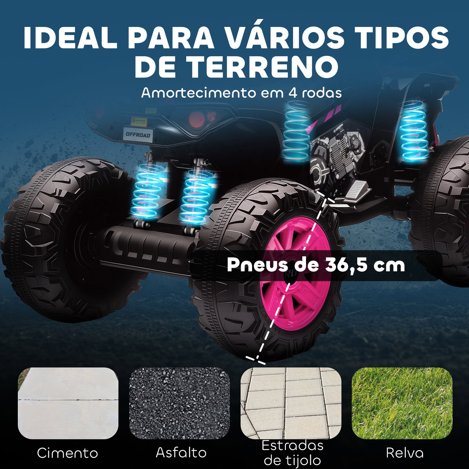 Quadricilo elétrico para crianças 24v com 2 lugares 2 motores velocidade até 6,5 km/h faróis buzina música e USB 109x68,5x76 cm rosa