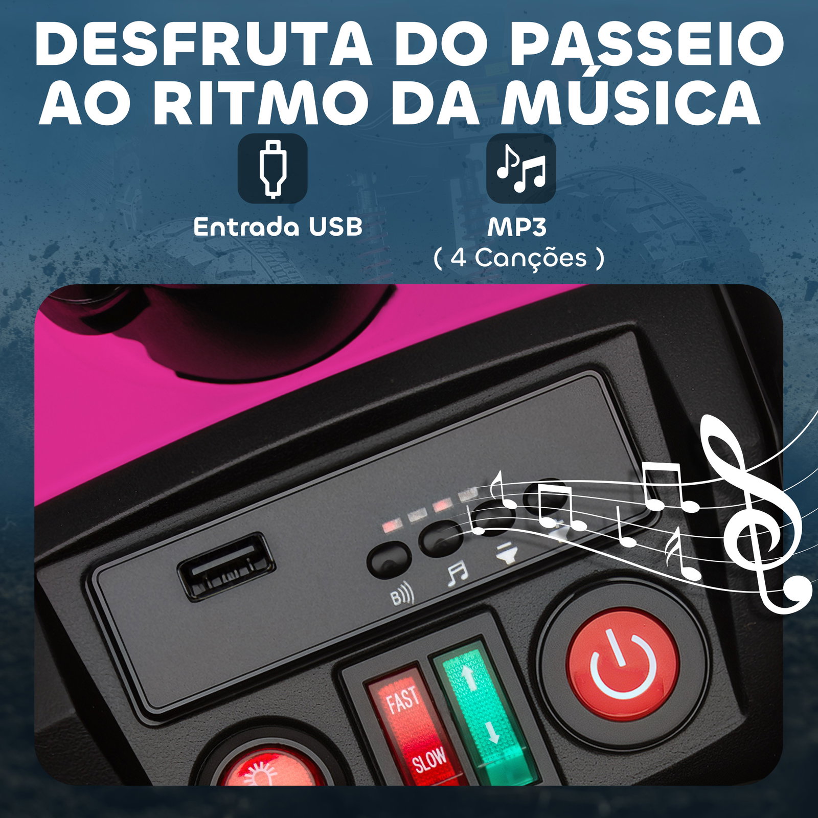 Quadricilo elétrico para crianças 24v com 2 lugares 2 motores velocidade até 6,5 km/h faróis buzina música e USB 109x68,5x76 cm rosa