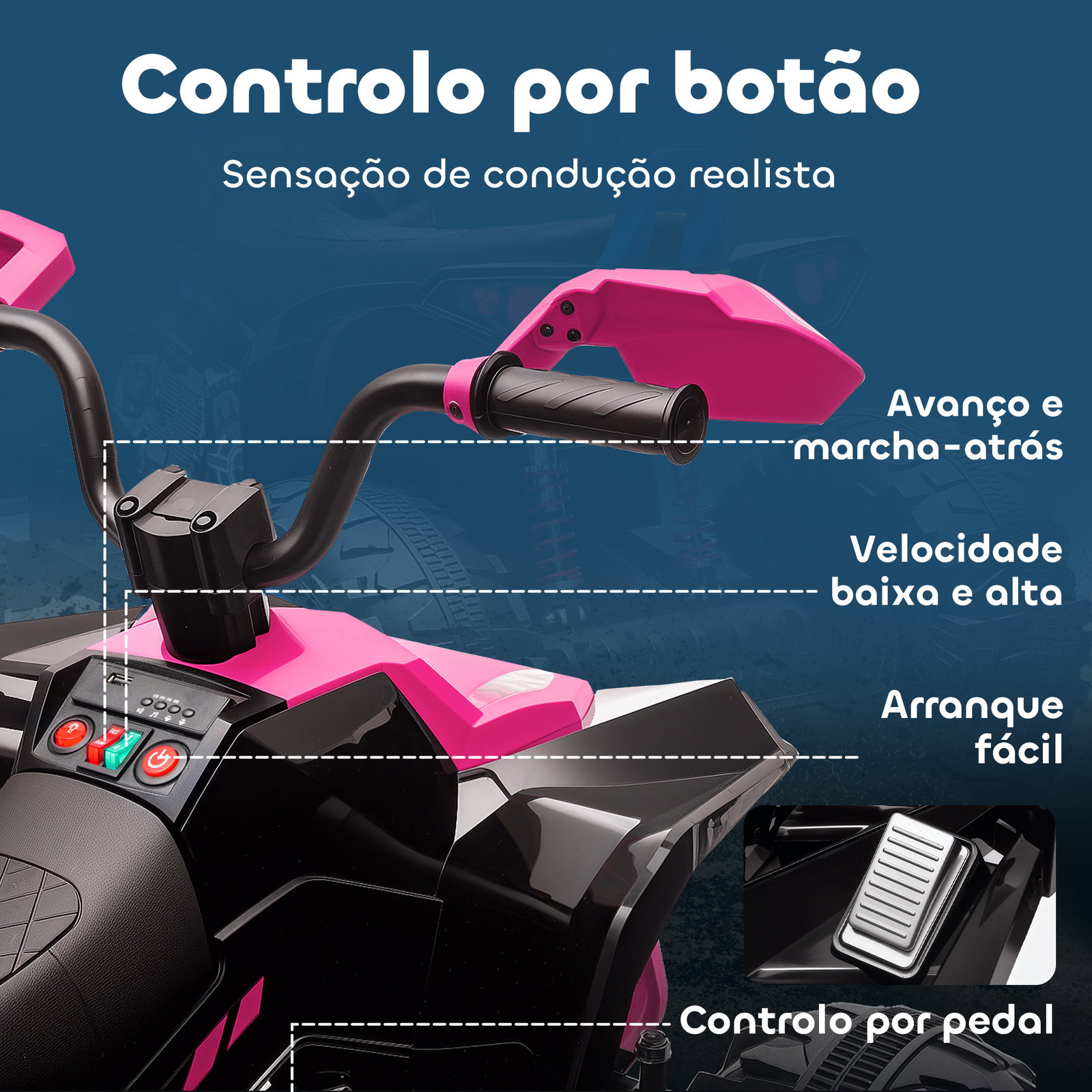Quadricilo elétrico para crianças 24v com 2 lugares 2 motores velocidade até 6,5 km/h faróis buzina música e USB 109x68,5x76 cm rosa