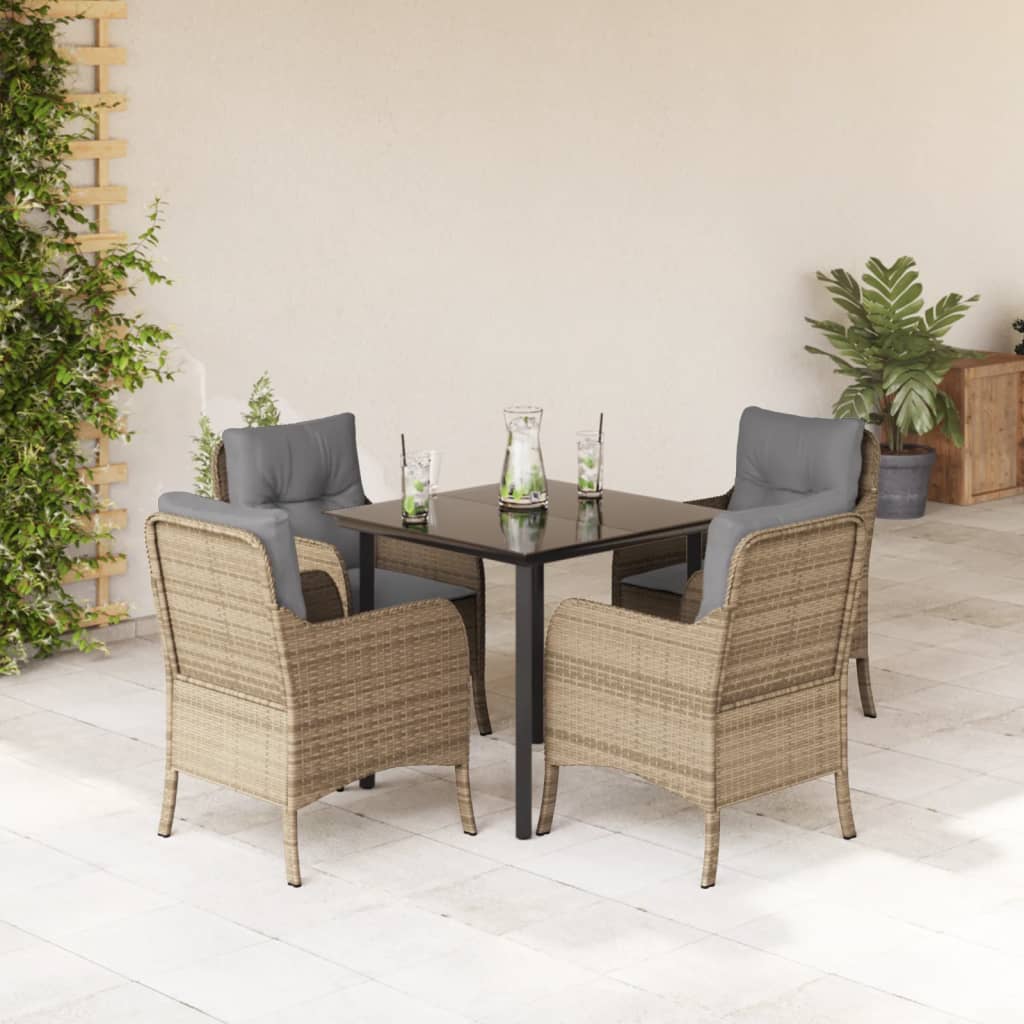5 Pcs conjunto de jantar p/ jardim com almofadões vime PE bege