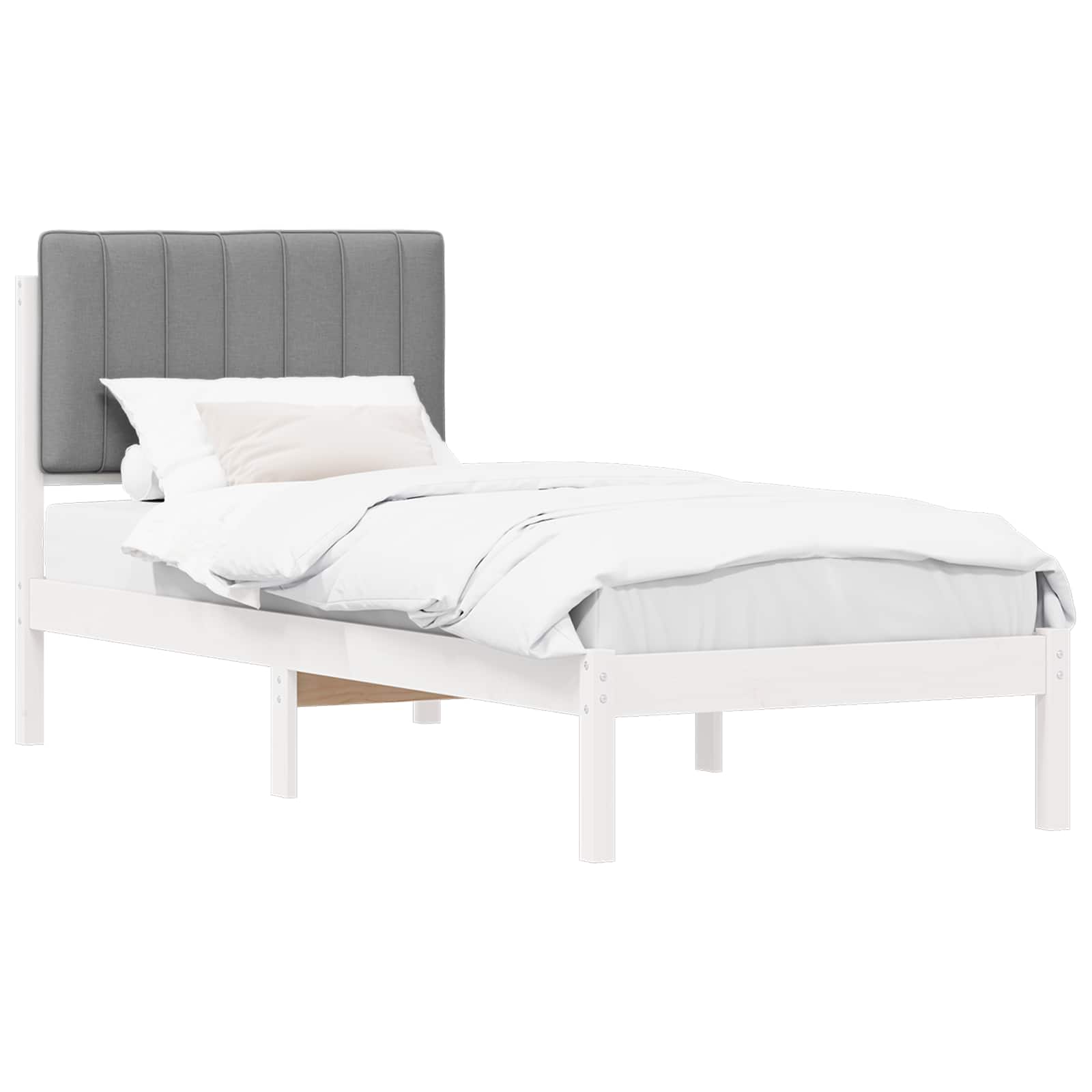 Estrutura de cama com cabeceira estofada cinzento-claro