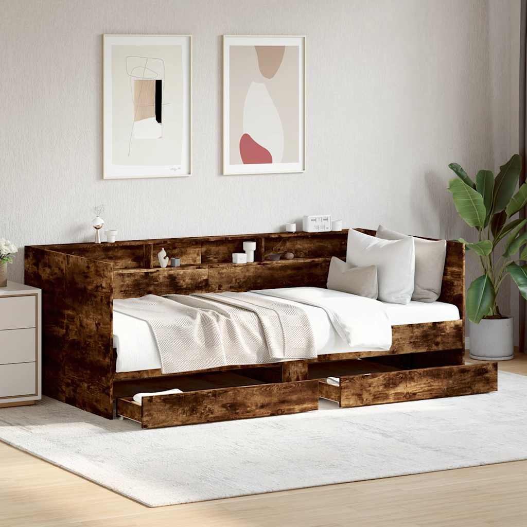 Sofá-cama com gavetas sem colchão 90x190 cm carvalho fumado
