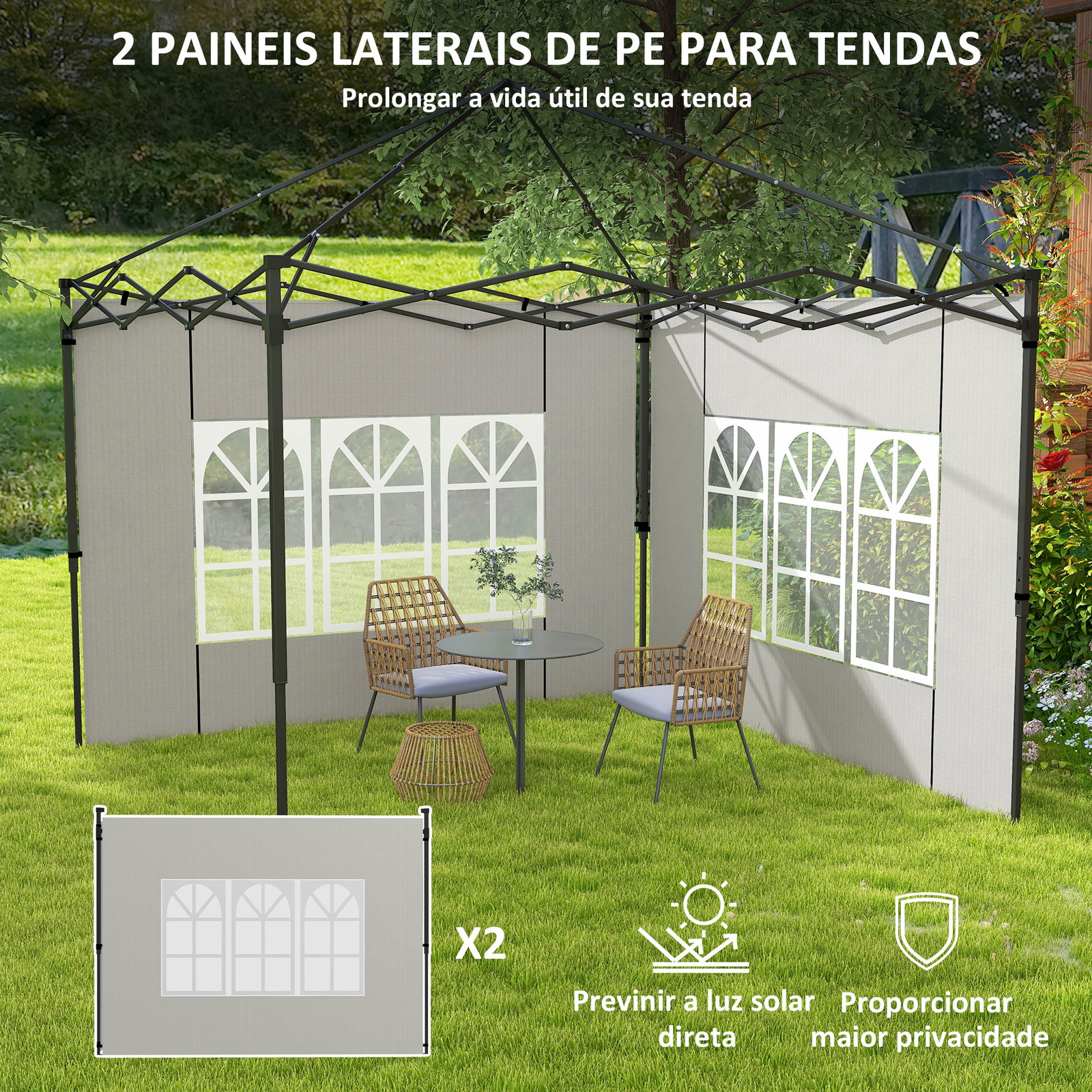 Conjunto de 2 paredes laterais para tendas de 3x3m e 3x6m paredes laterais com janelas transparentes 293x193cm branco