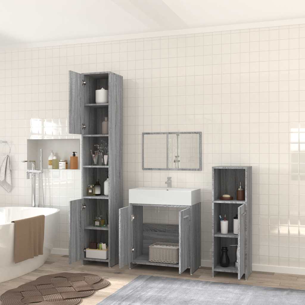 4 Pcs conjunto móveis casa de banho madeira proc. cinza sonoma