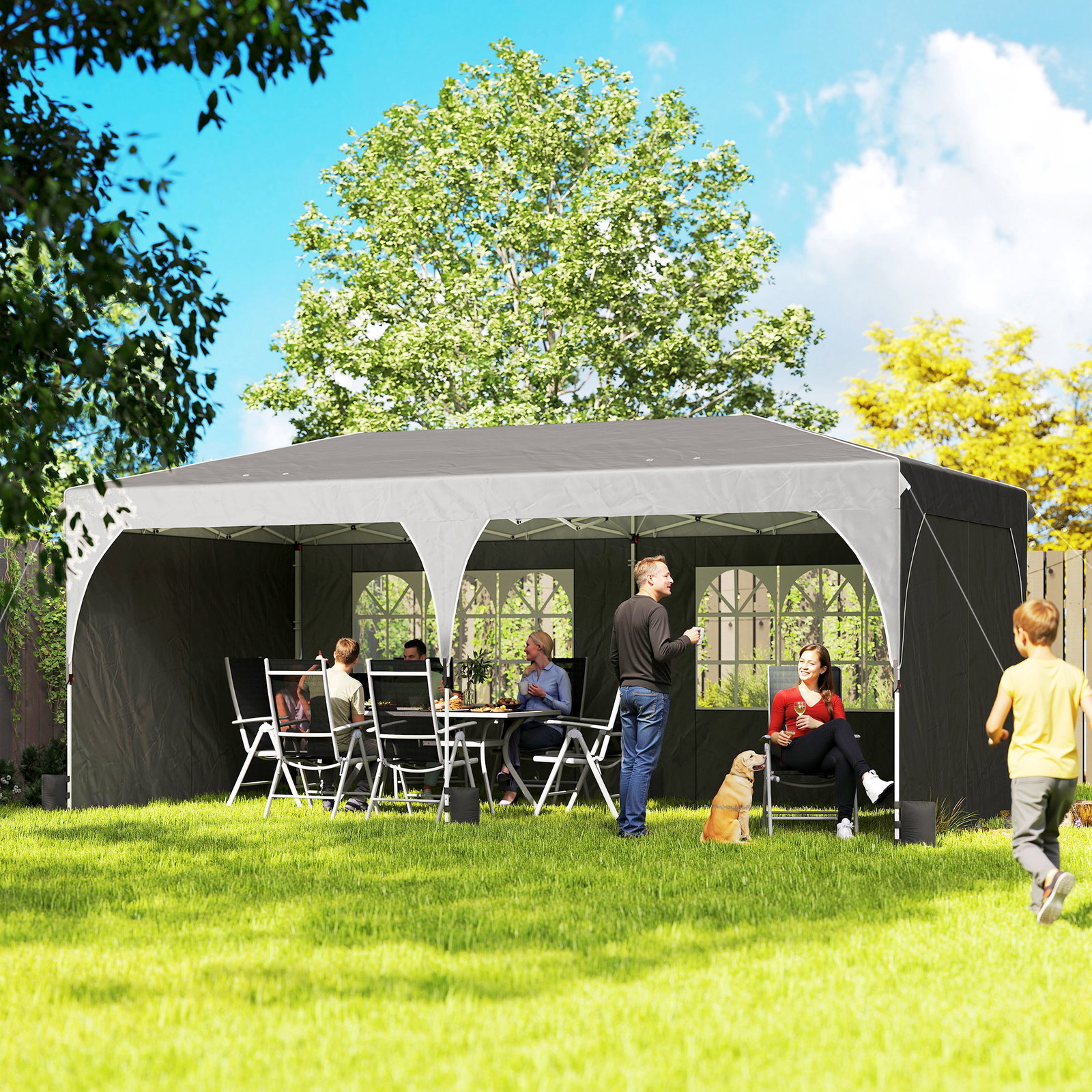 Tenda dobrável 6x3 m pop-up com 4 laterais amovíveis tenda de jardim com faixas refletoras altura ajustável upf50+ cinzento