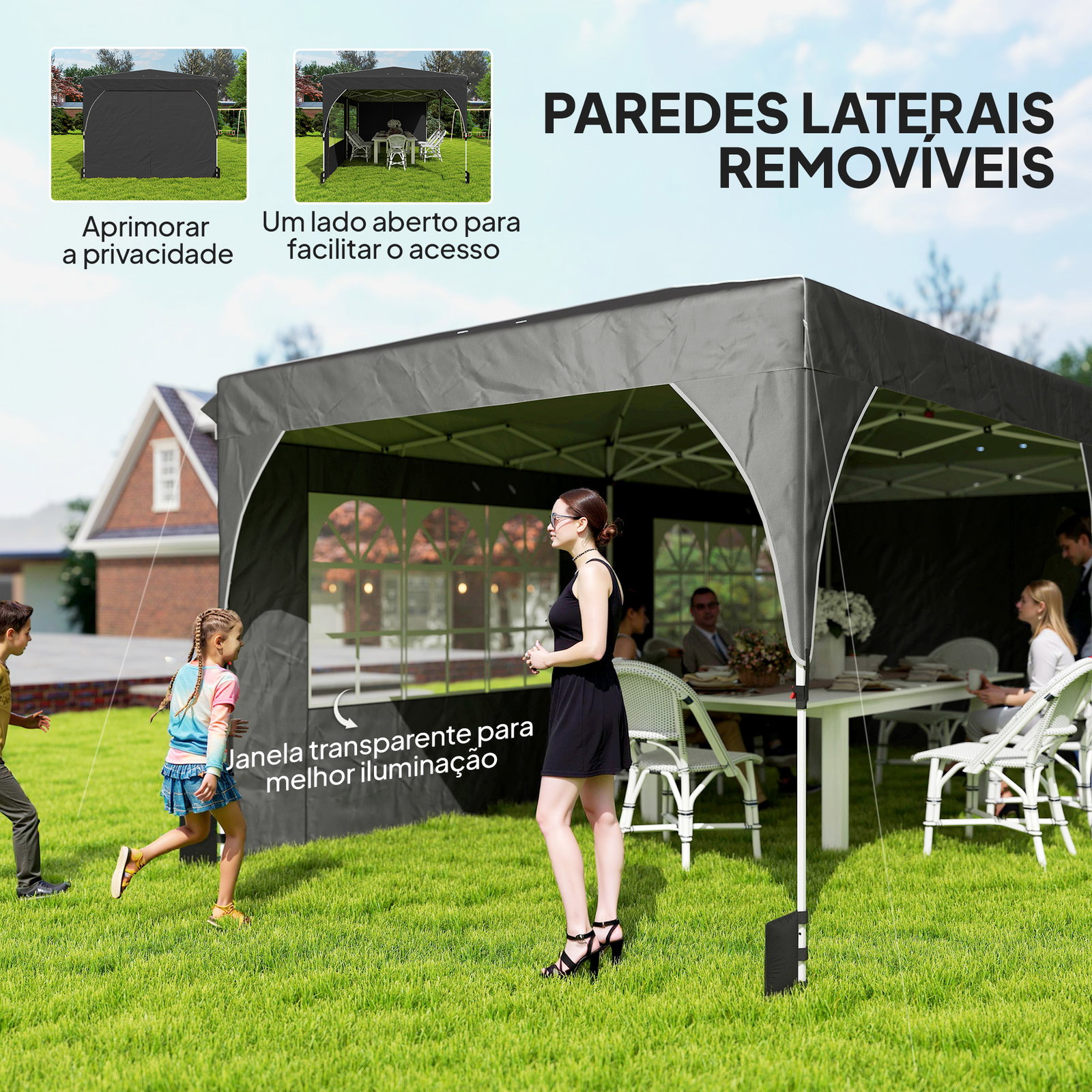 Tenda dobrável 6x3 m pop-up com 4 laterais amovíveis tenda de jardim com faixas refletoras altura ajustável upf50+ cinzento