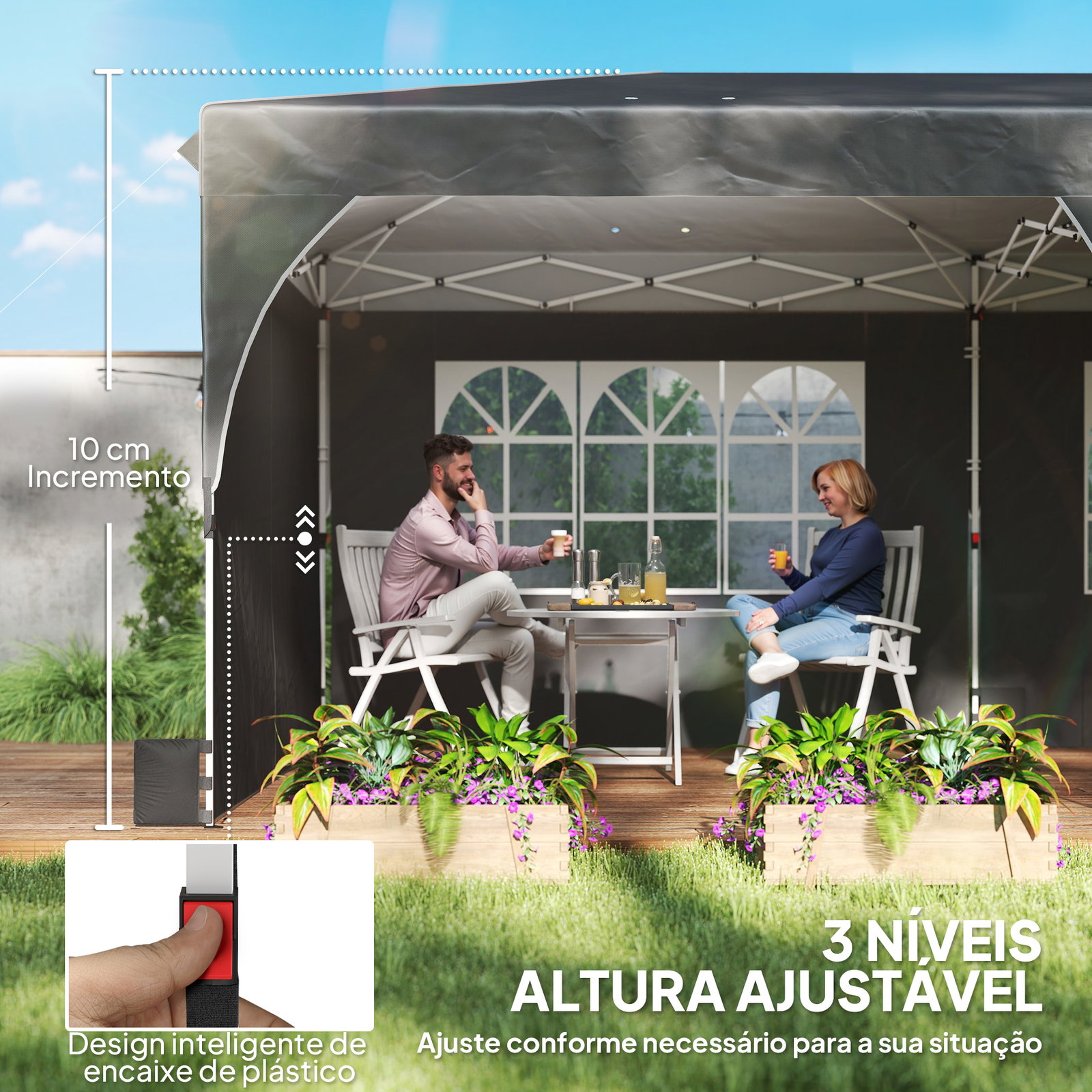 Tenda dobrável 6x3 m pop-up com 4 laterais amovíveis tenda de jardim com faixas refletoras altura ajustável upf50+ cinzento
