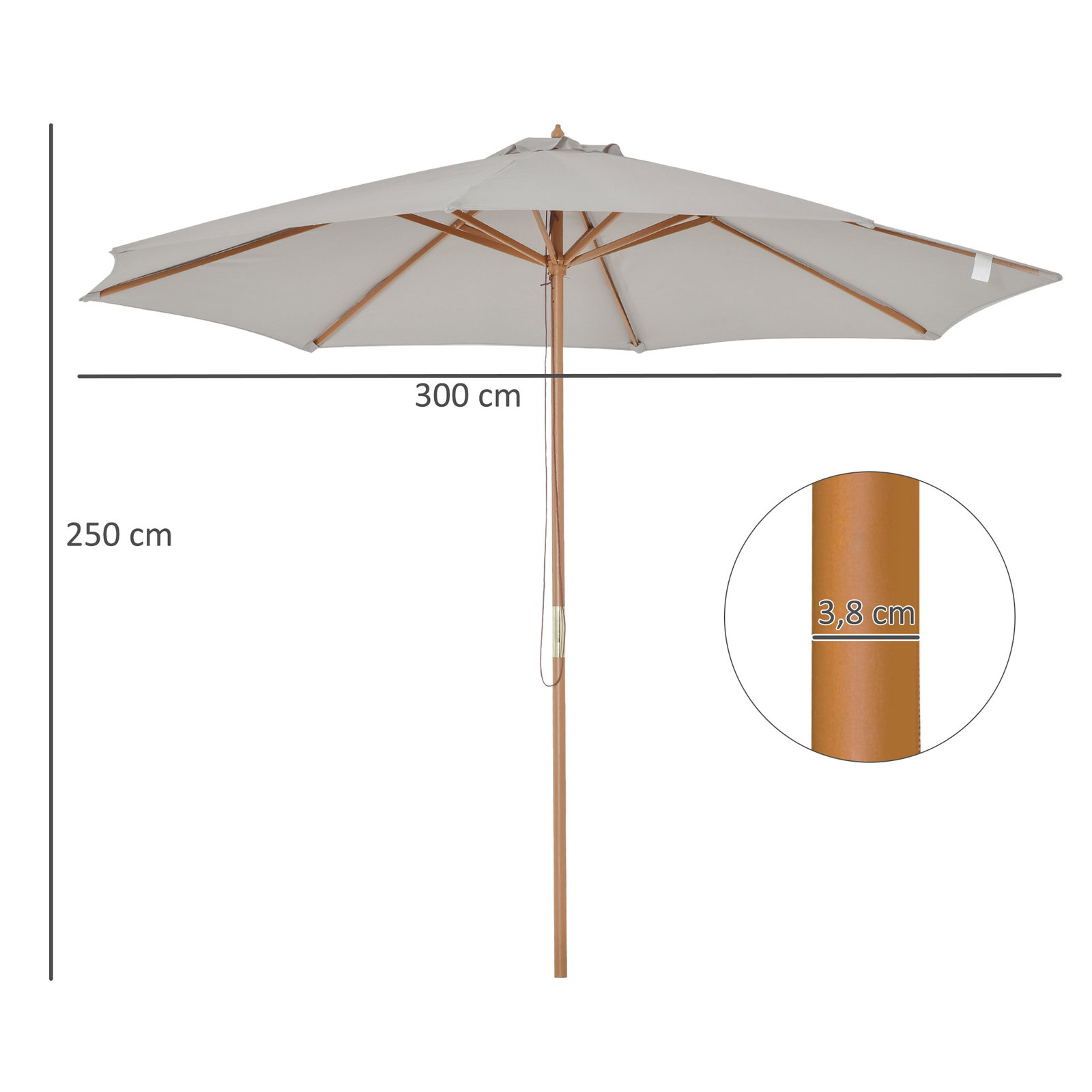 Chapéu de sol de jardim ø300x250cm com sistema de polia teto ventilado e mastro desmontável de madeira para terraço pátio exterior cinza claro