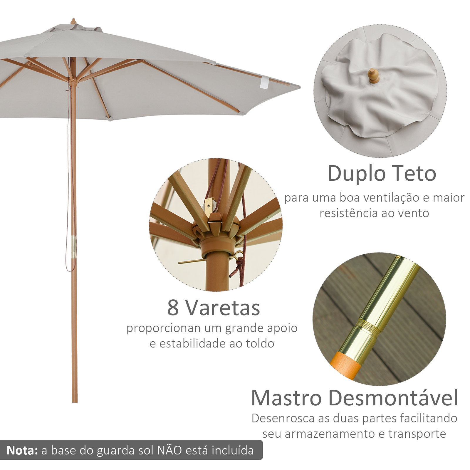 Chapéu de sol de jardim ø300x250cm com sistema de polia teto ventilado e mastro desmontável de madeira para terraço pátio exterior cinza claro