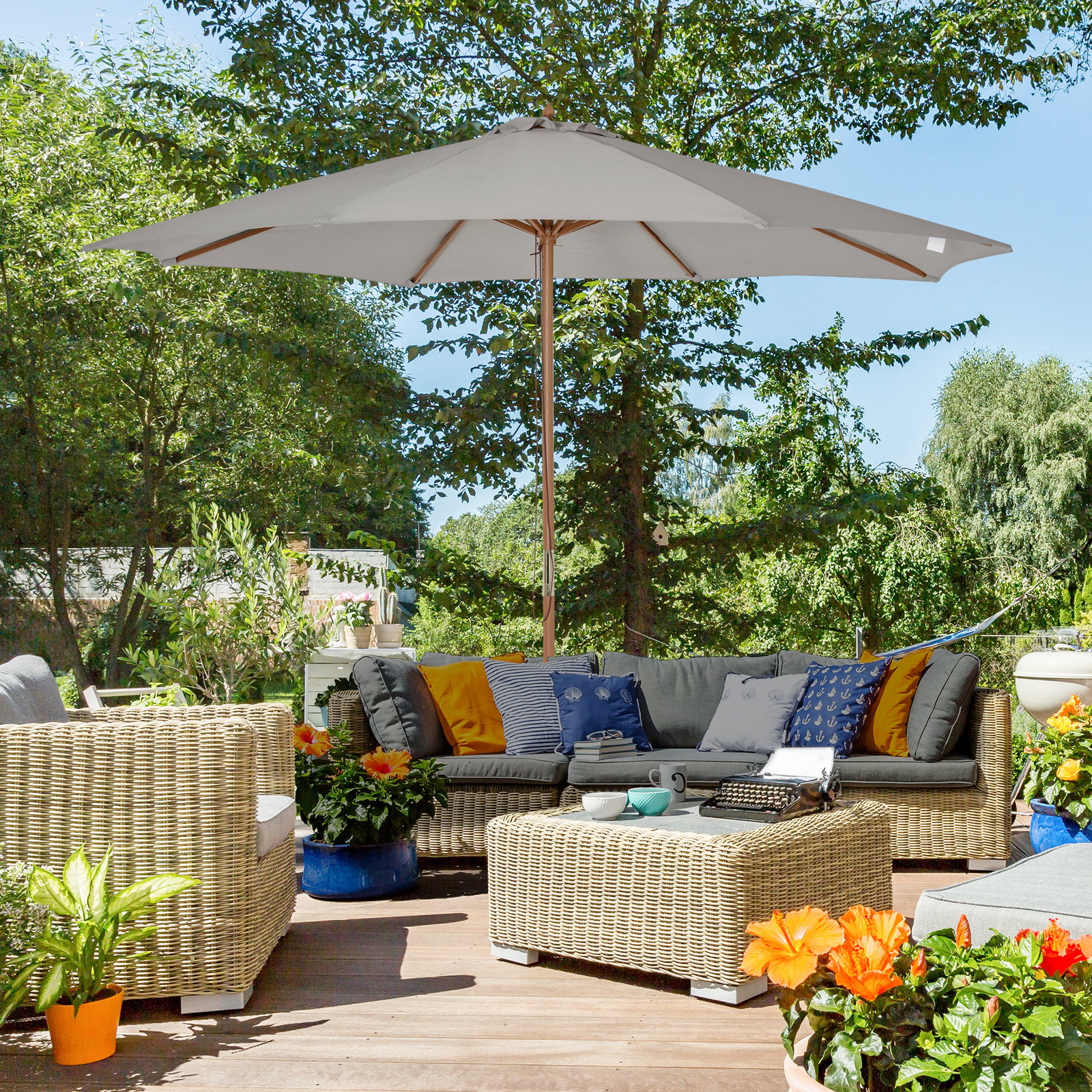 Chapéu de sol de jardim ø300x250cm com sistema de polia teto ventilado e mastro desmontável de madeira para terraço pátio exterior cinza claro