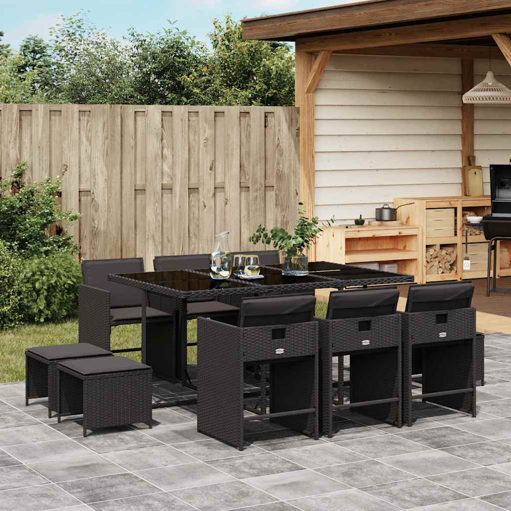 11 Pcs conjunto de jantar p/ jardim c/ almofadões vime PE preto
