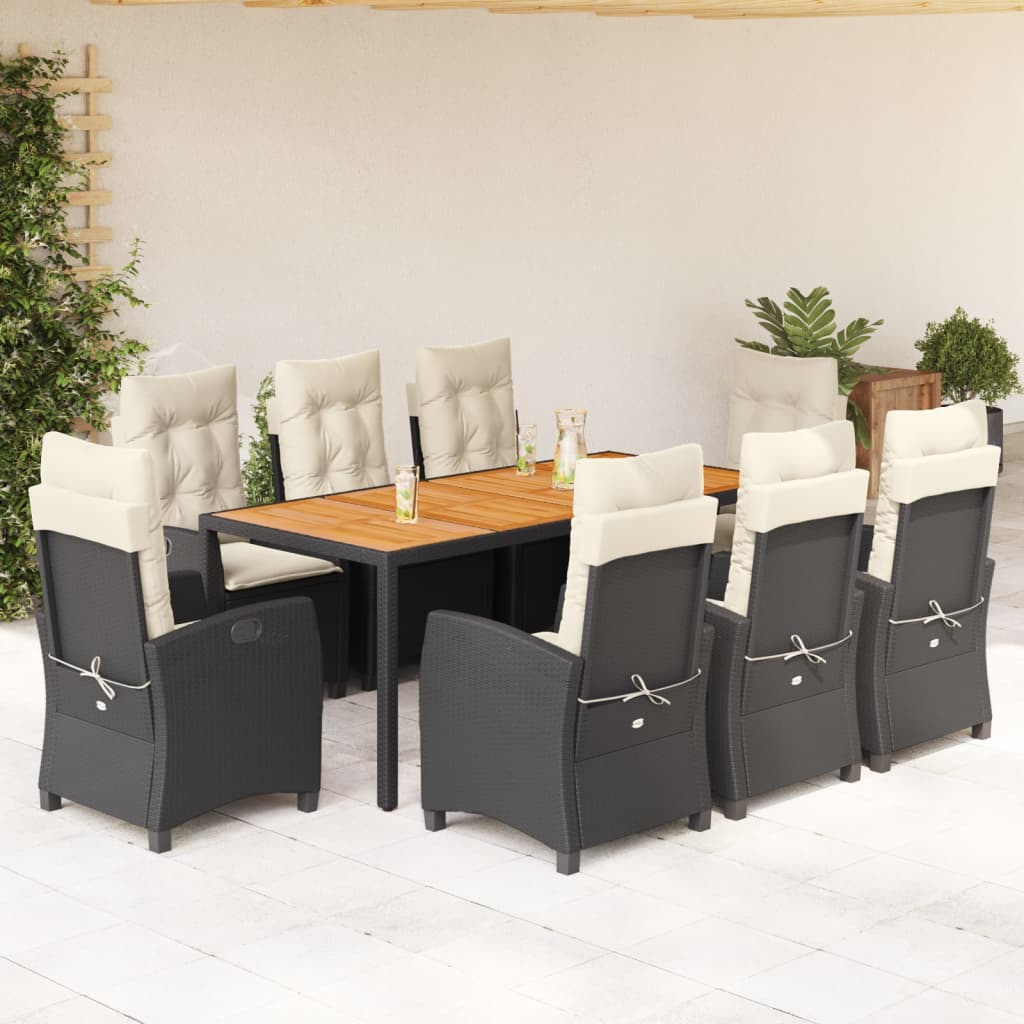 9 Pcs conjunto de jantar p/ jardim c/ almofadões vime PE preto