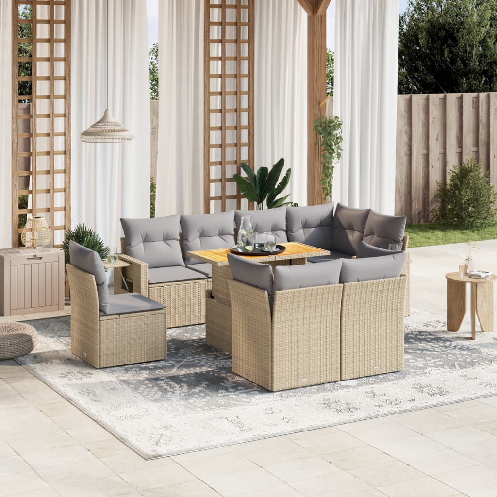 9 Pcs conjunto de sofás p/ jardim com almofadões vime PE bege