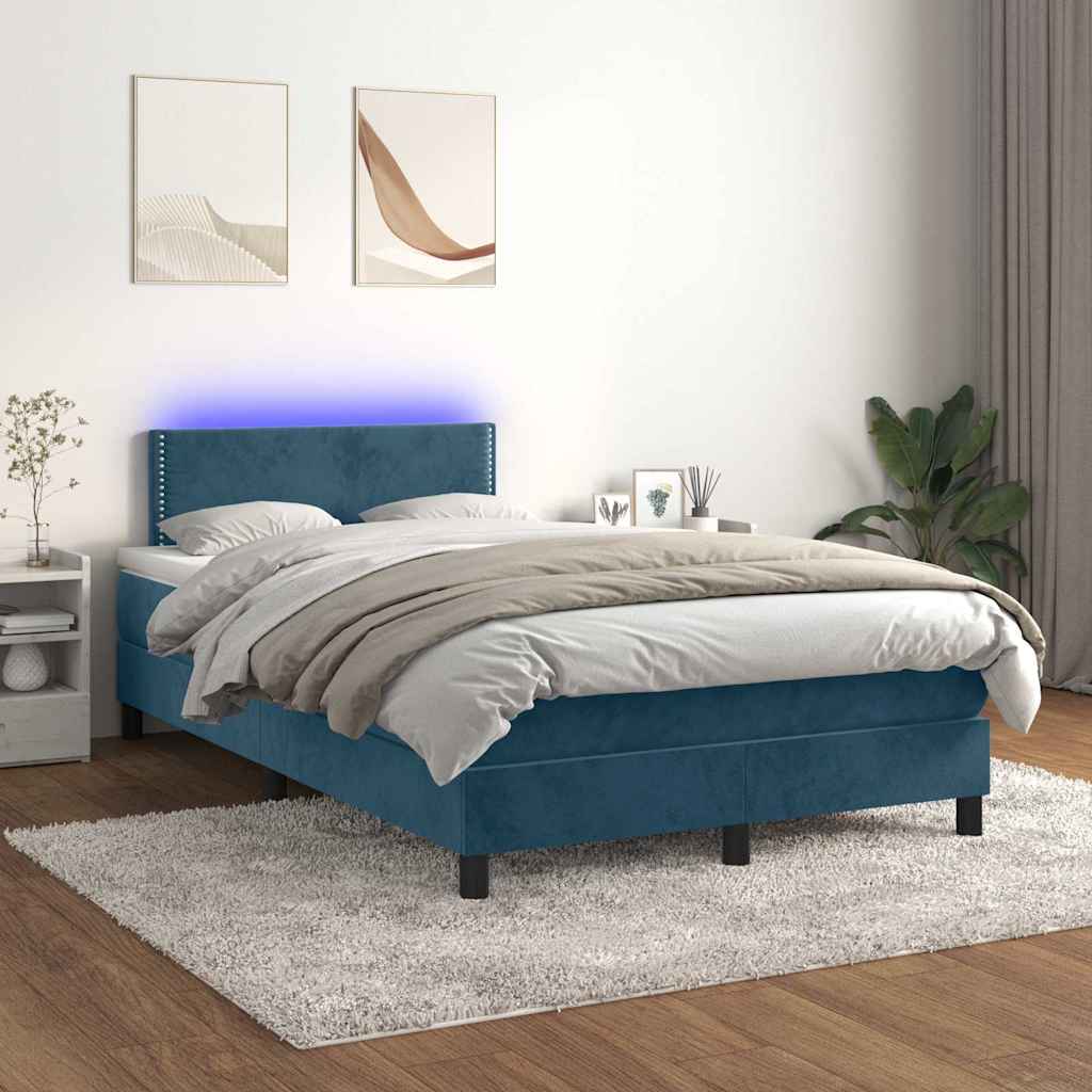Cama box spring c/ colchão/LED 120x200 cm veludo azul-escuro