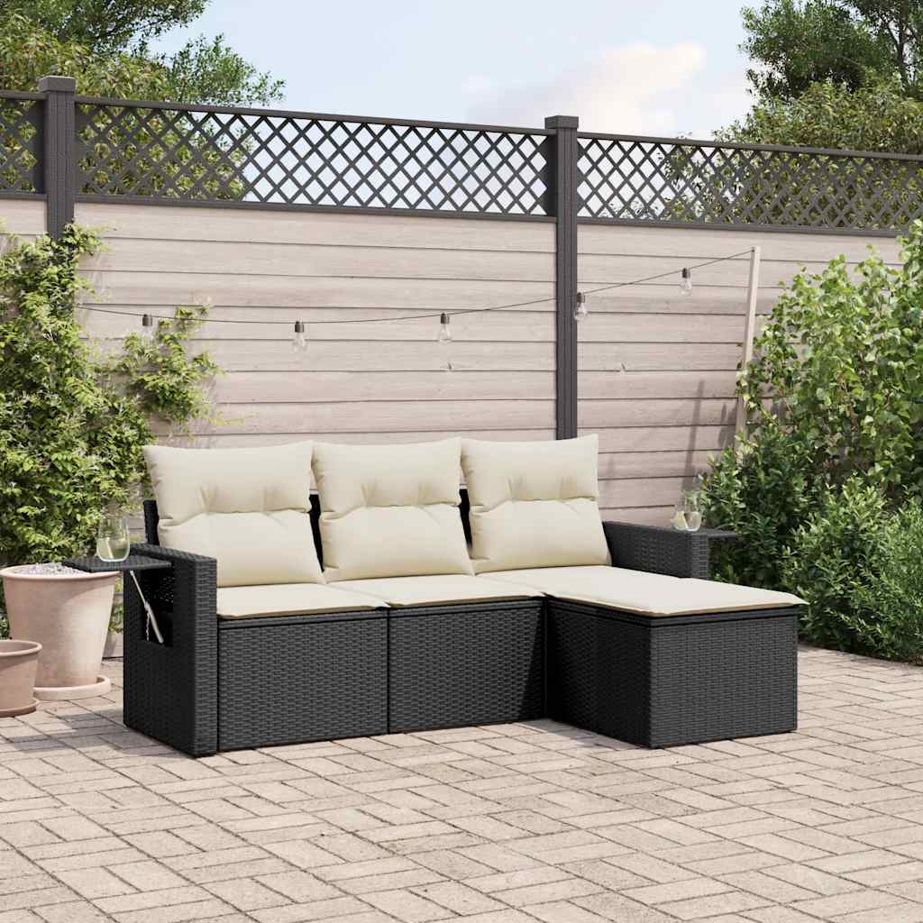 4 Pcs conjunto de sofás para jardim c/ almofadões vime PE preto