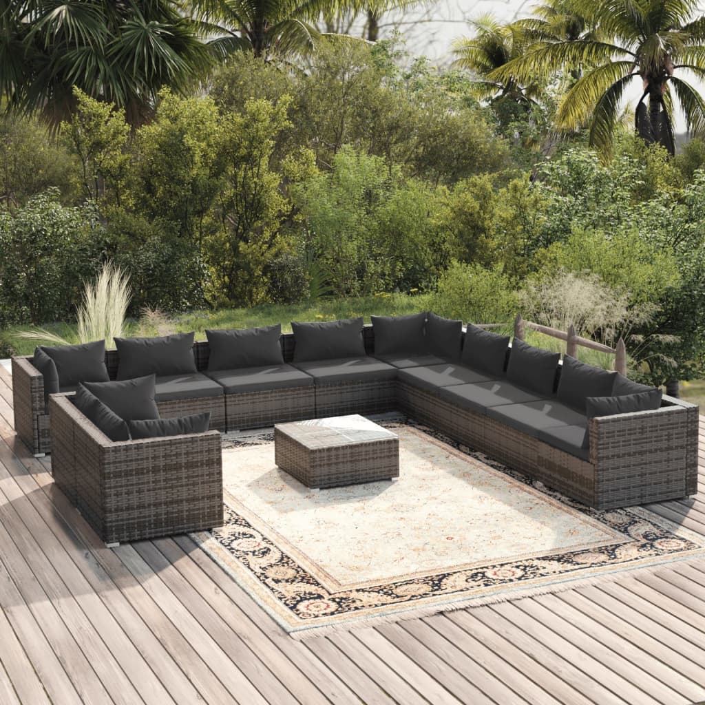 12 Pcs conjunto lounge de jardim c/ almofadões vime PE cinzento