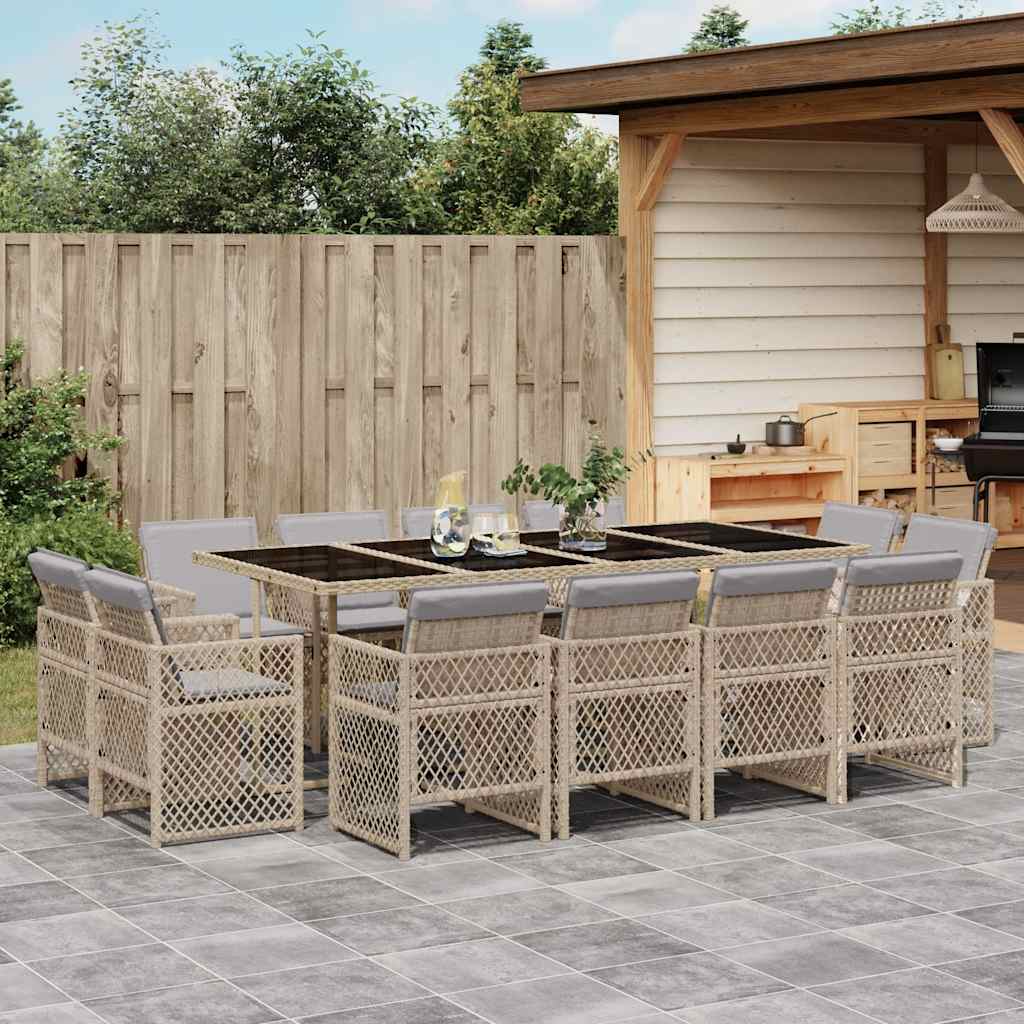 13 Pcs conj. jantar jardim c/ almofadões vime PE bege misturado