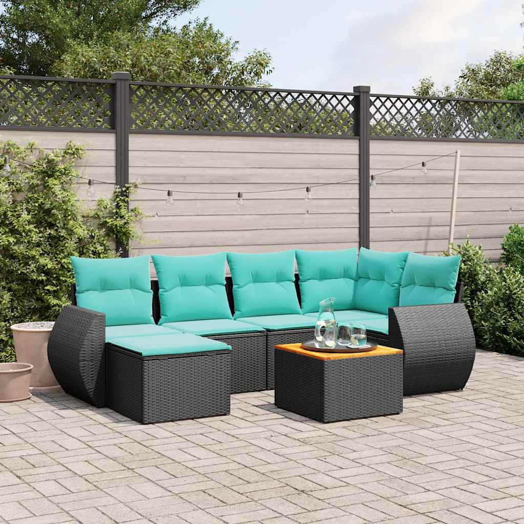 Conjunto de sofá de jardim com 7 peças e almofadas em rattan sintético preto