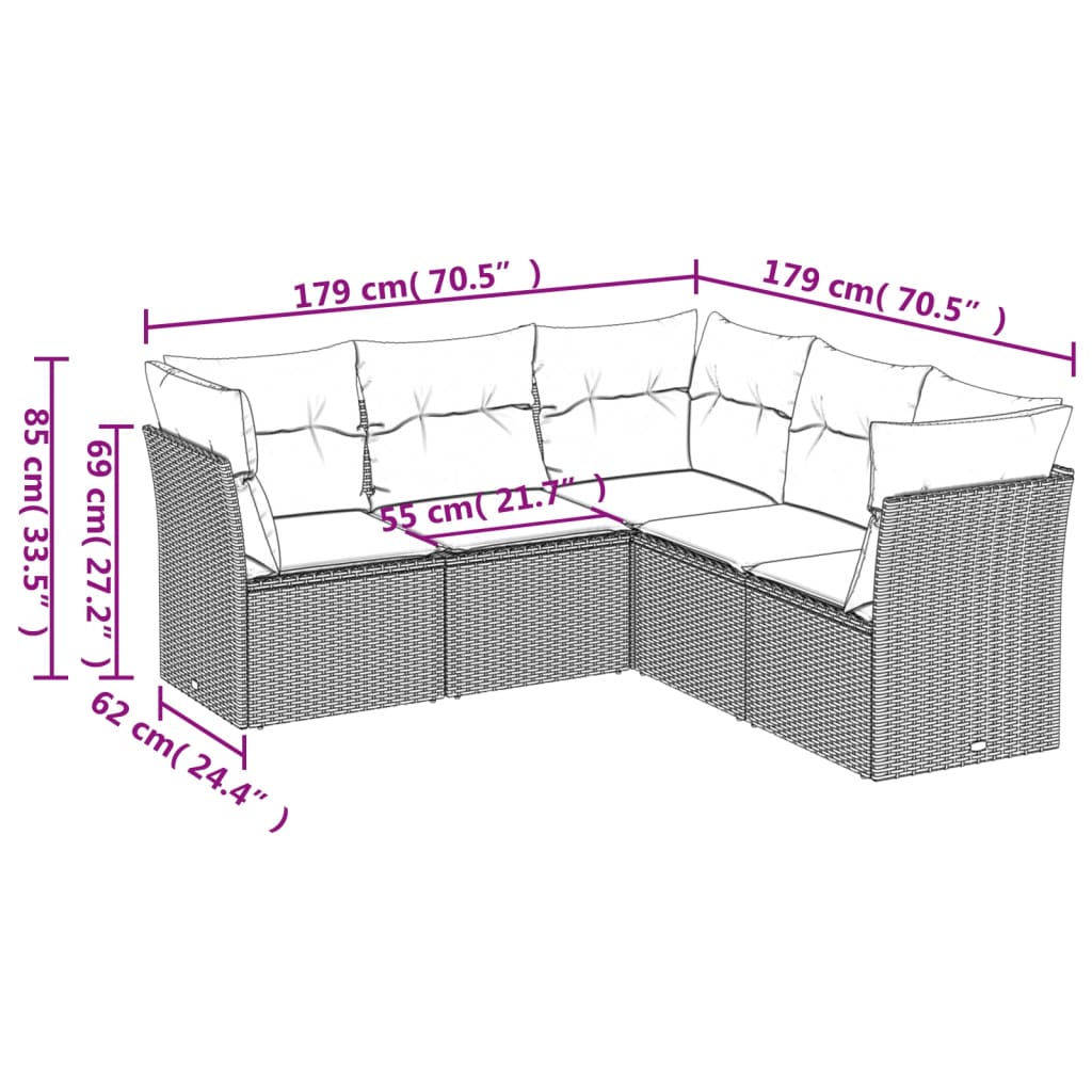 5 Pcs conjunto sofás de jardim com almofadões vime PE preto