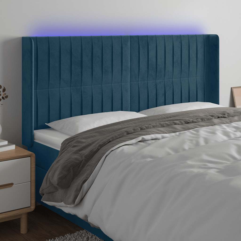 Cabeceira cama c/ luzes LED veludo 183x16x118/128cm azul-escuro