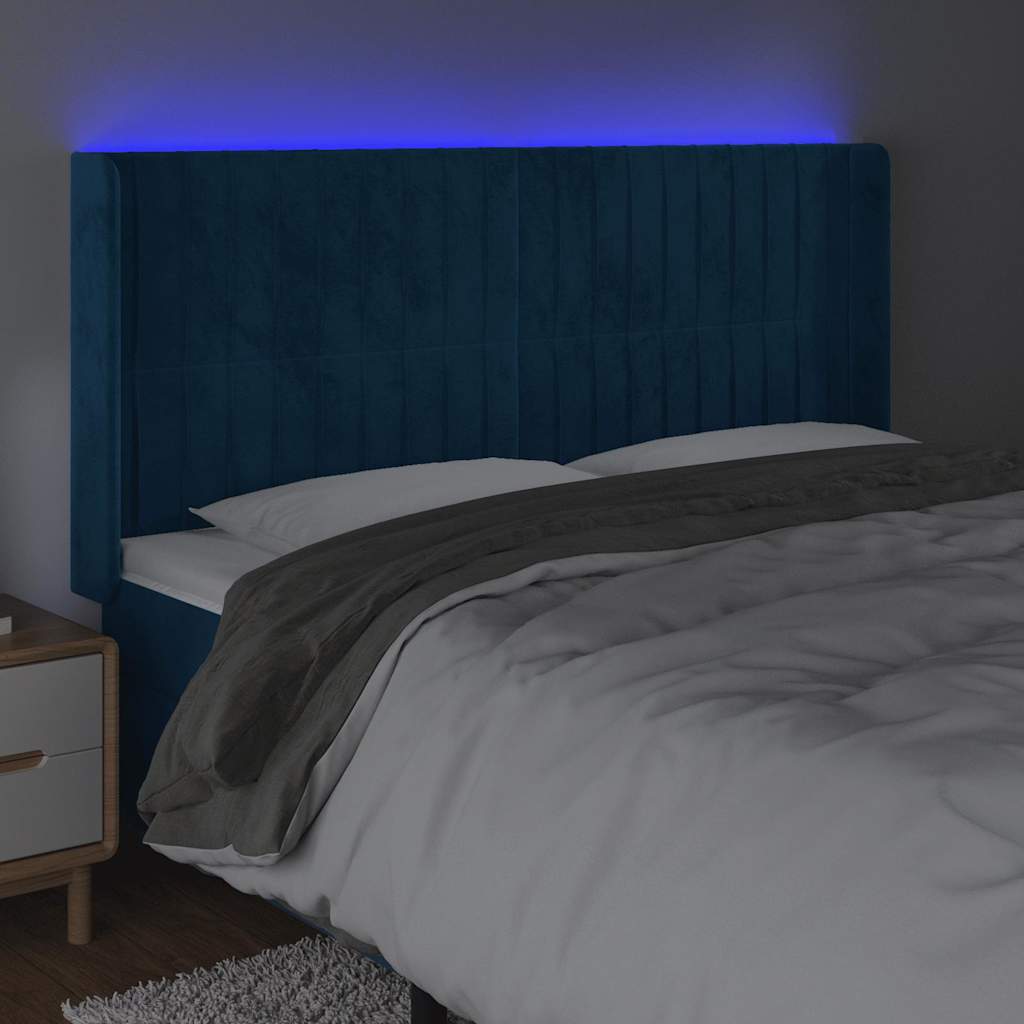 Cabeceira cama c/ luzes LED veludo 183x16x118/128cm azul-escuro