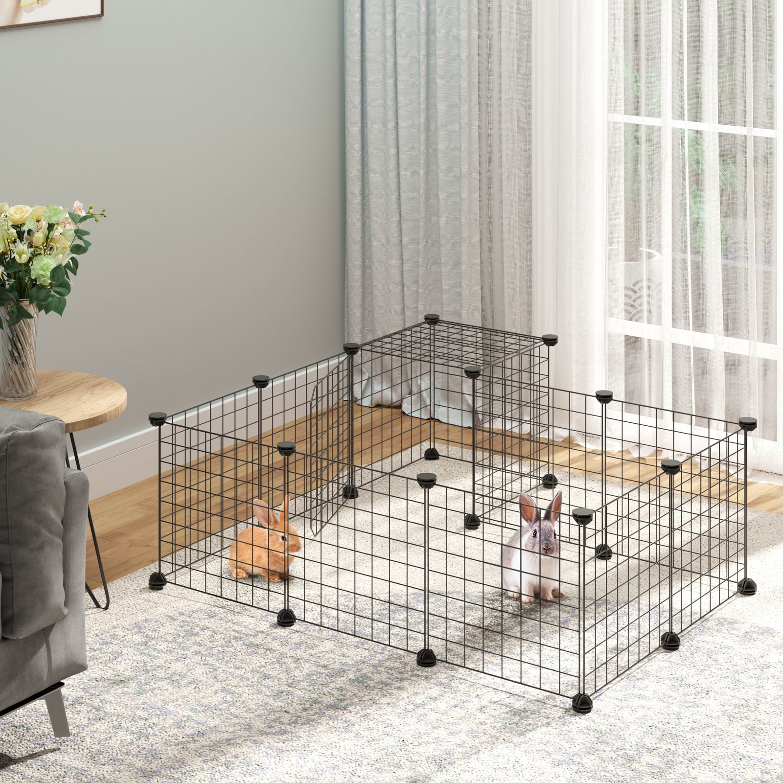 Recinto para Pequenos Animais DIY com 24 Painéis com Grade Metálica Recinto Modular para Coelhos Chinchilas 105x105x70cm