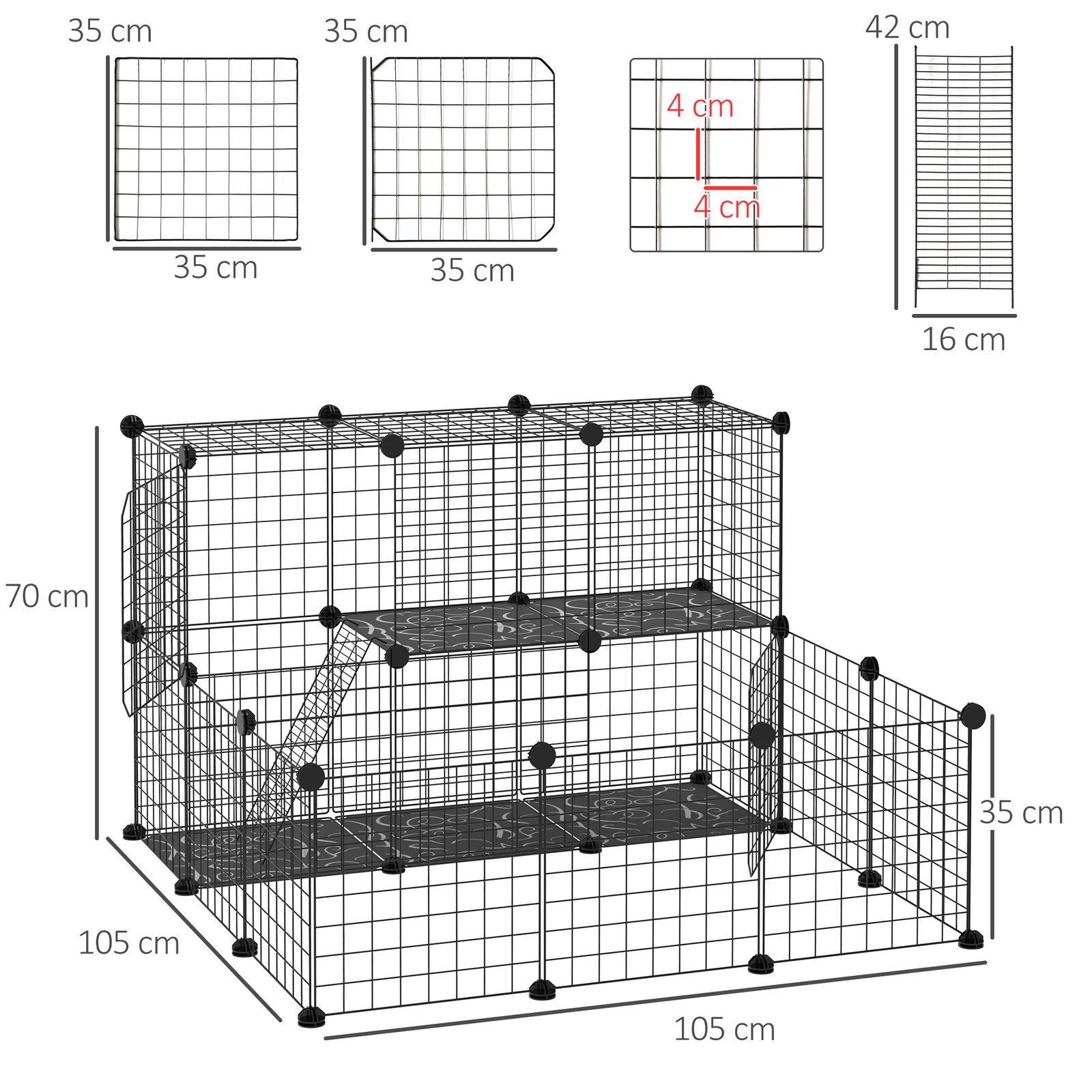 Recinto para Pequenos Animais DIY com 24 Painéis com Grade Metálica Recinto Modular para Coelhos Chinchilas 105x105x70cm