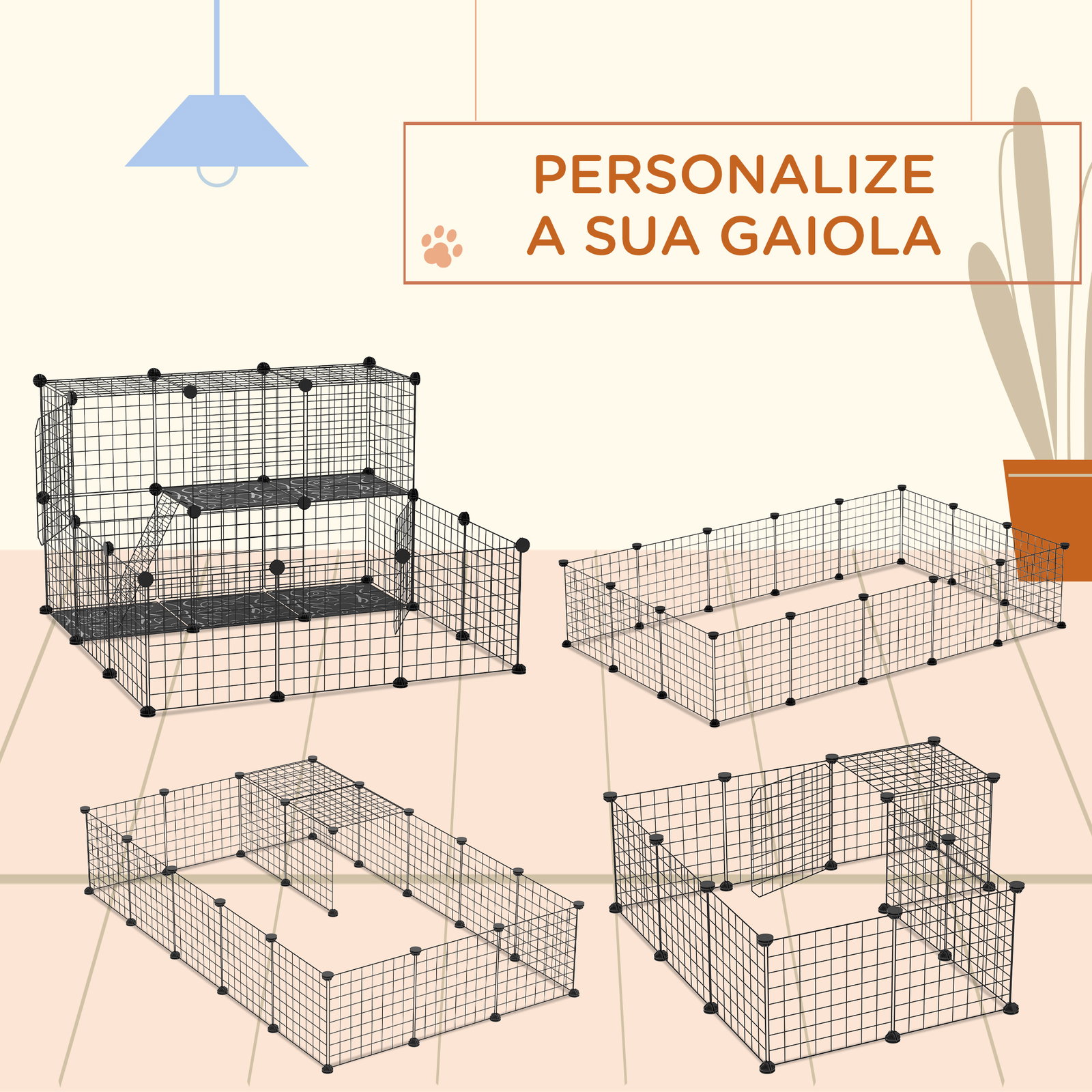 Recinto para Pequenos Animais DIY com 24 Painéis com Grade Metálica Recinto Modular para Coelhos Chinchilas 105x105x70cm